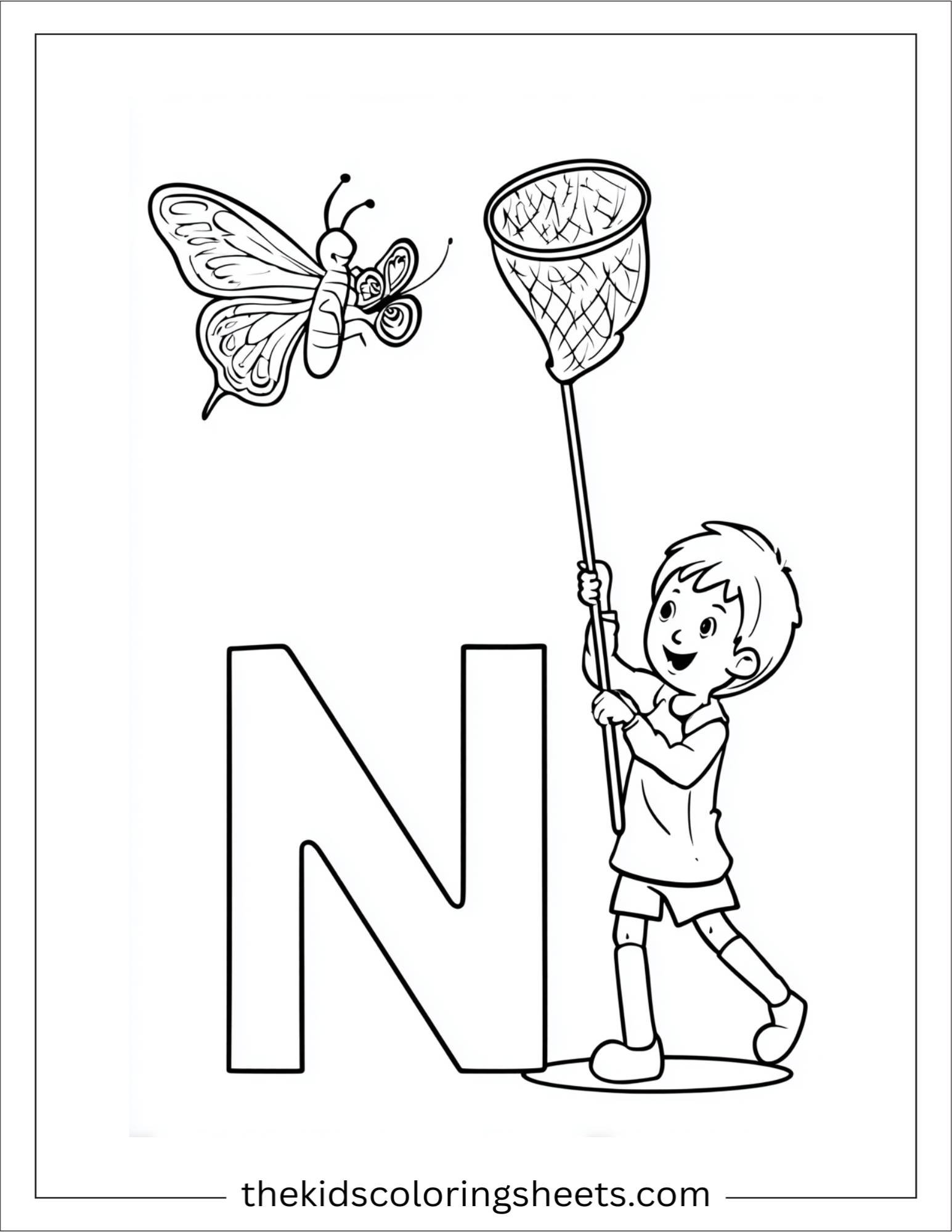 alphabet N net butterfly coloring page