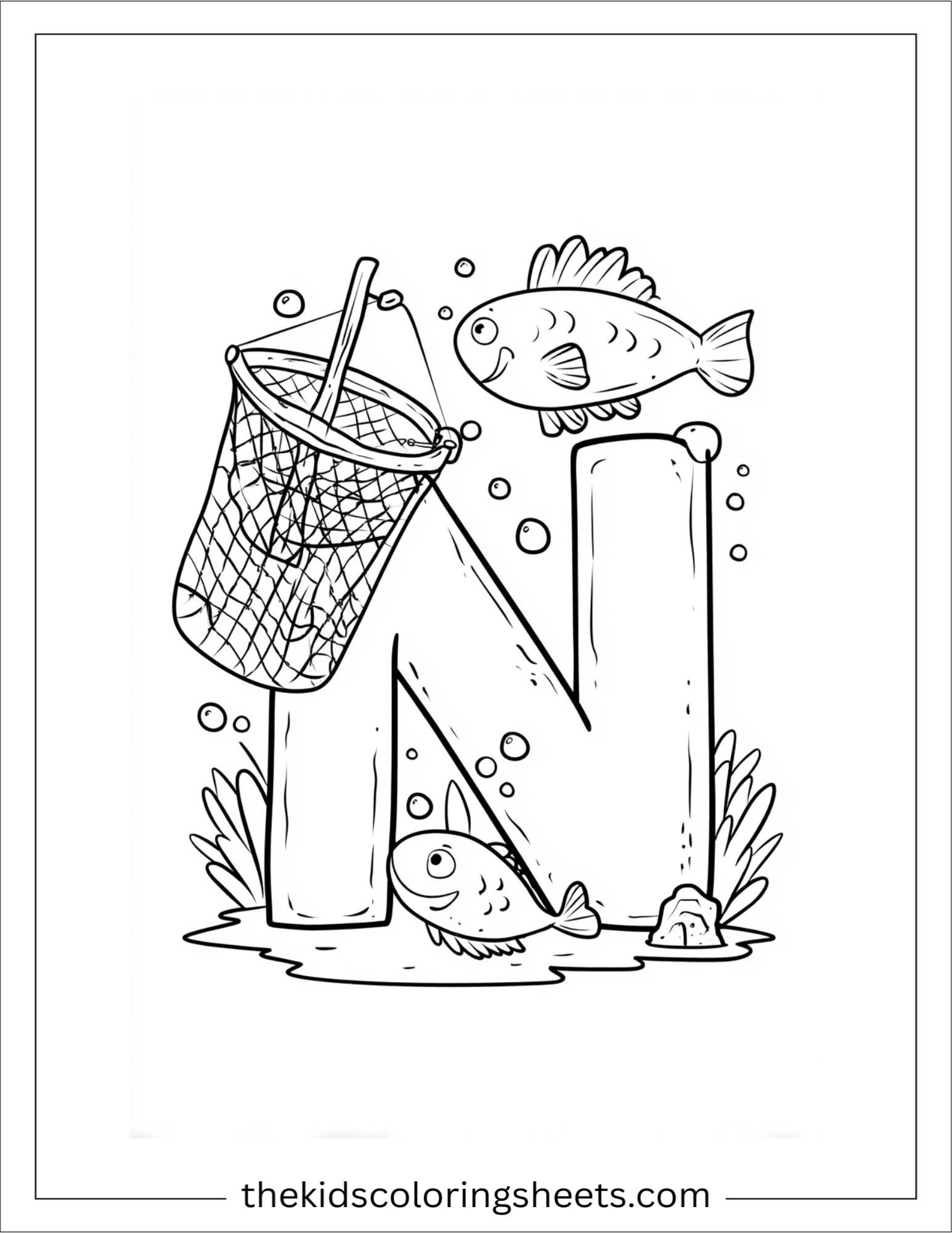alphabet N net fish coloring page