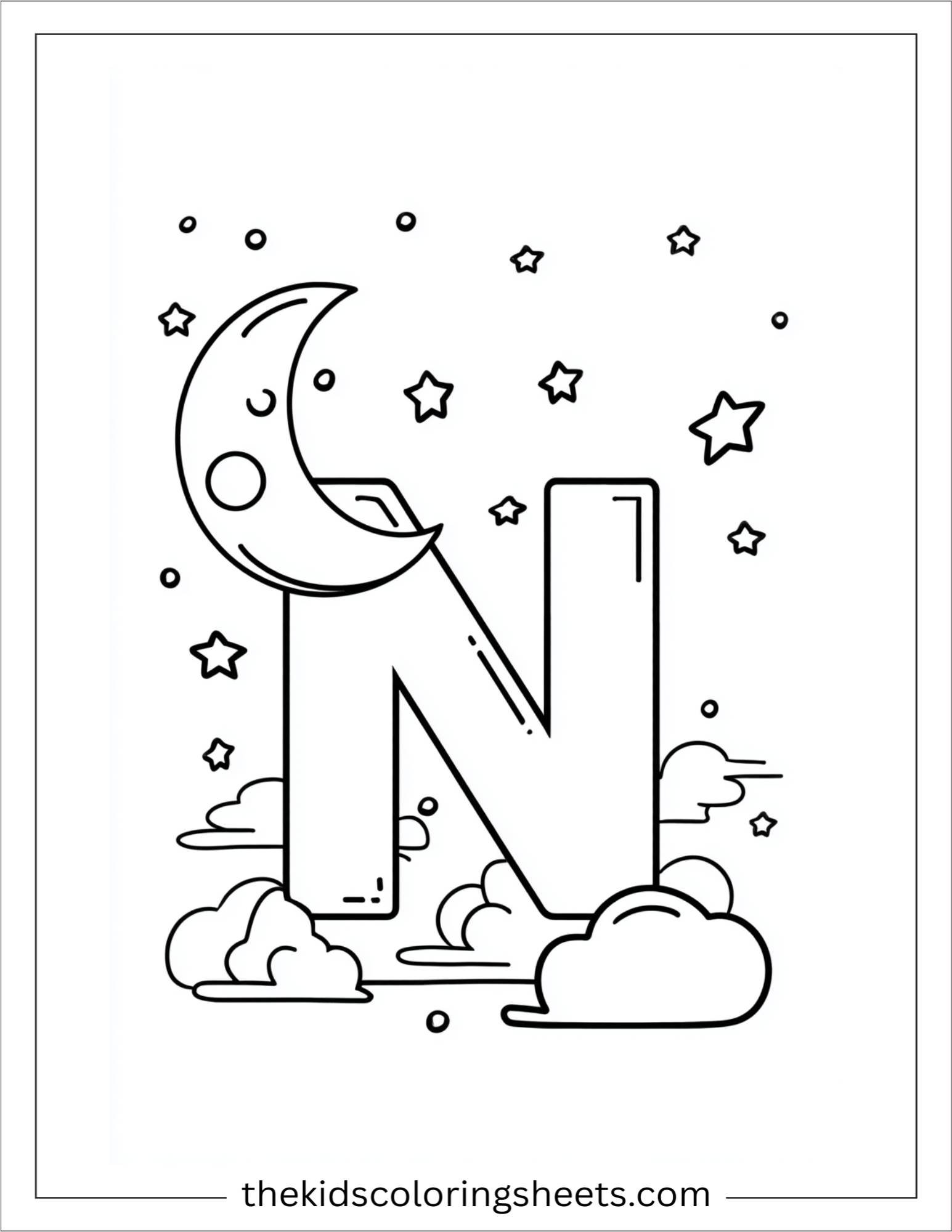 alphabet N night coloring page
