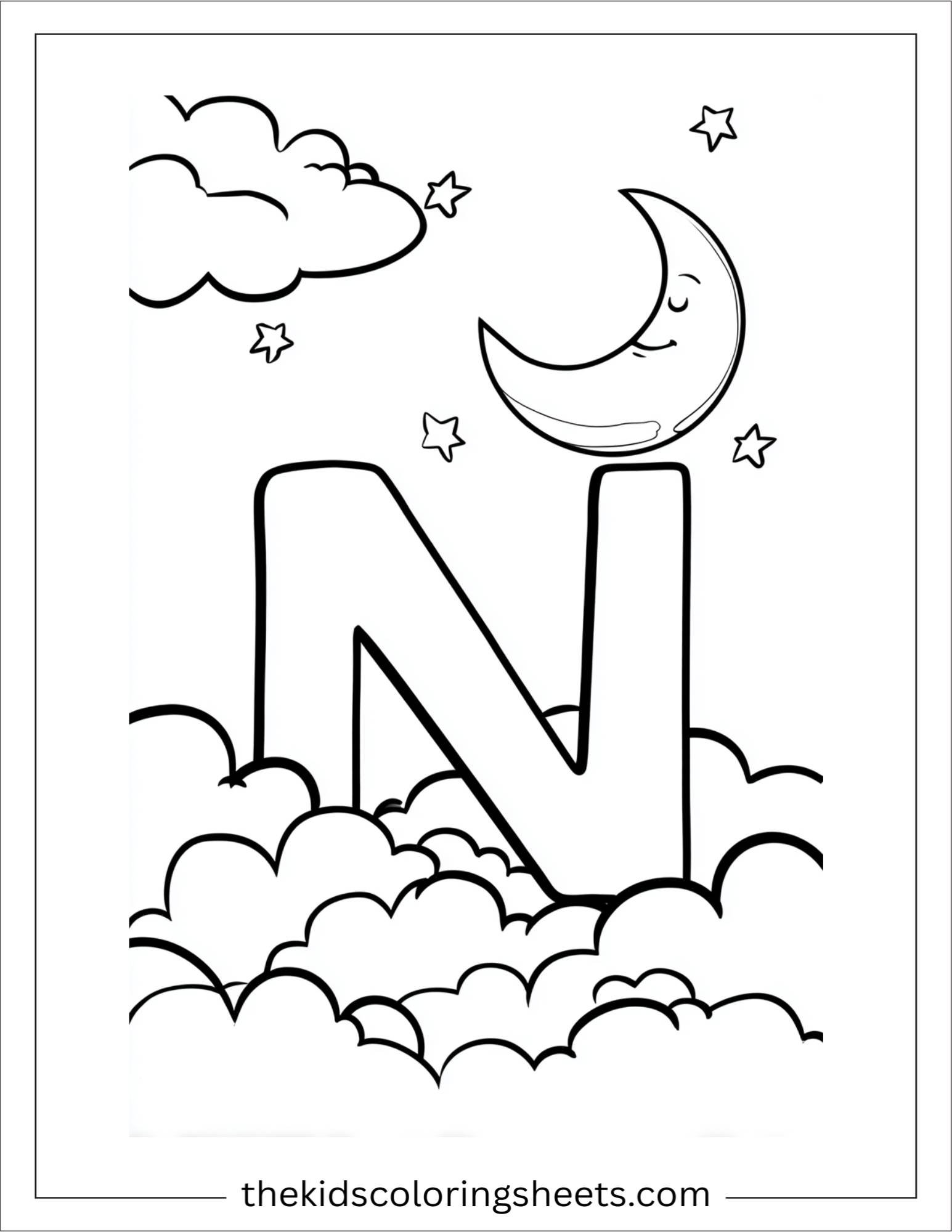 alphabet N night moon coloring page