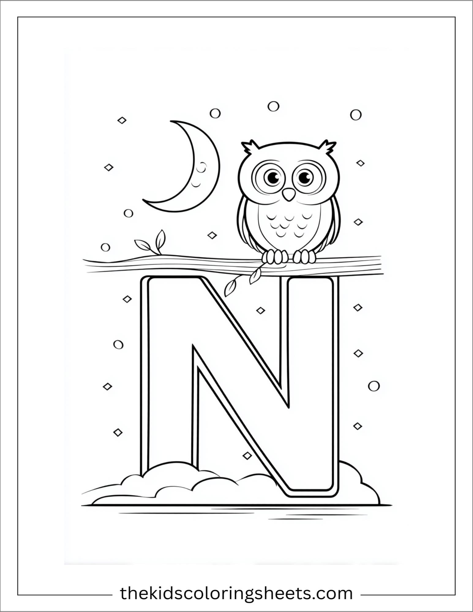 alphabet N night owl coloring page