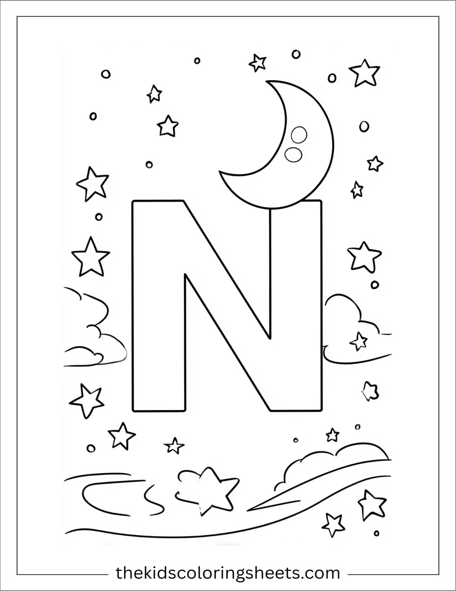 alphabet N night stars coloring page