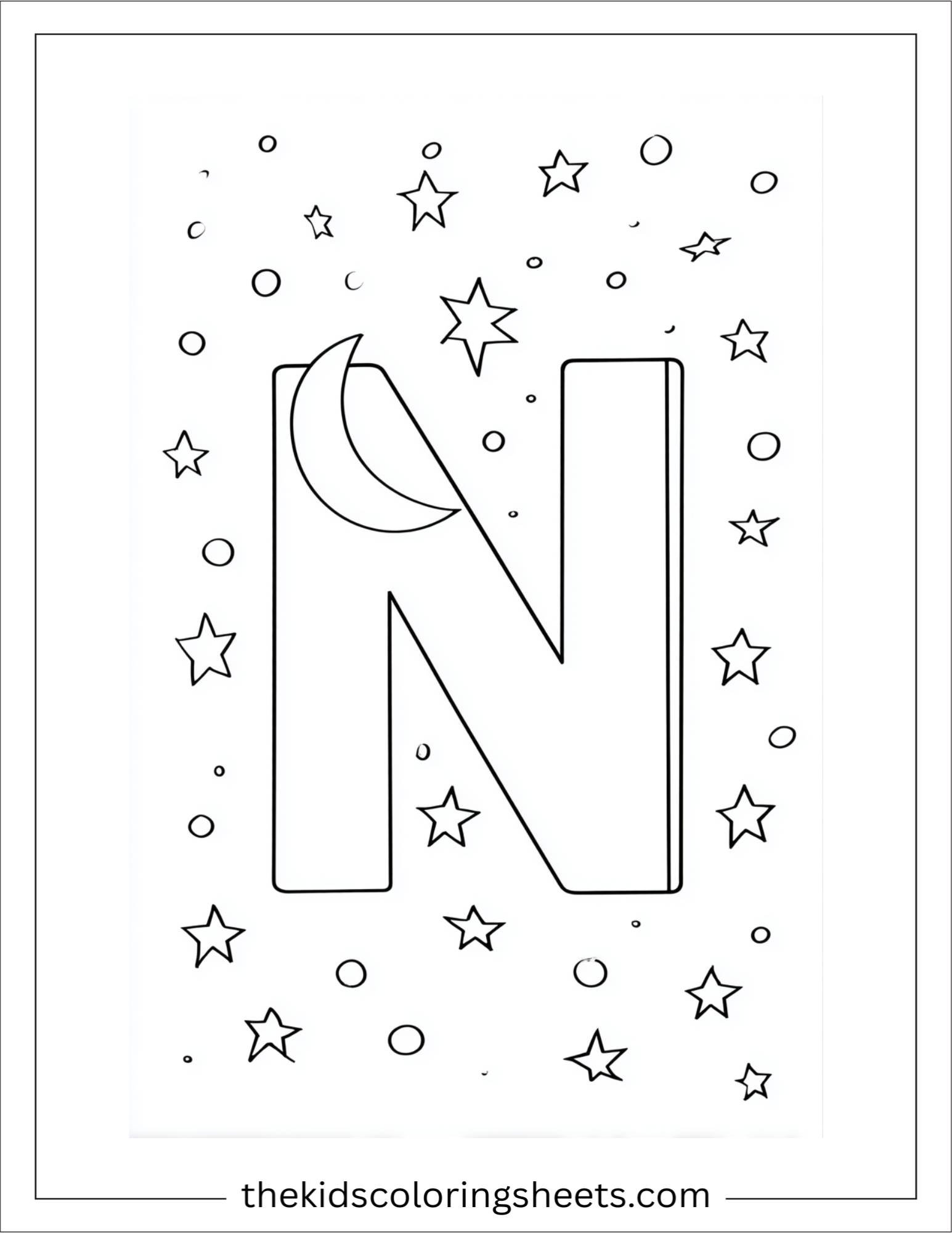 alphabet N night stars moon coloring page