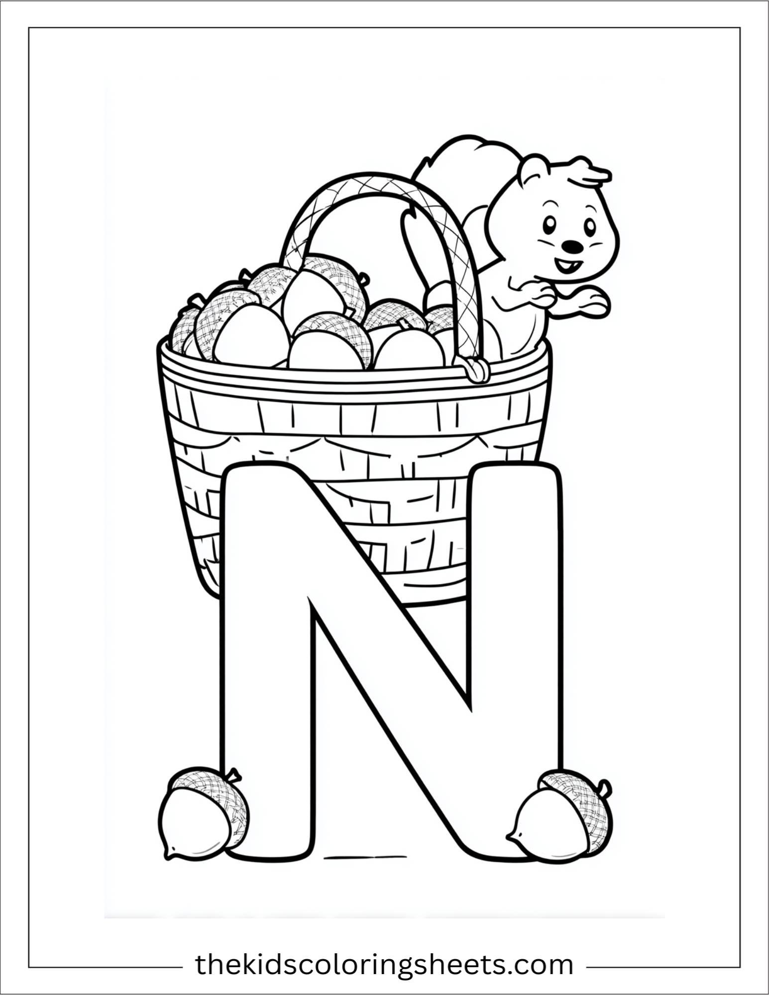alphabet N nut basket coloring page