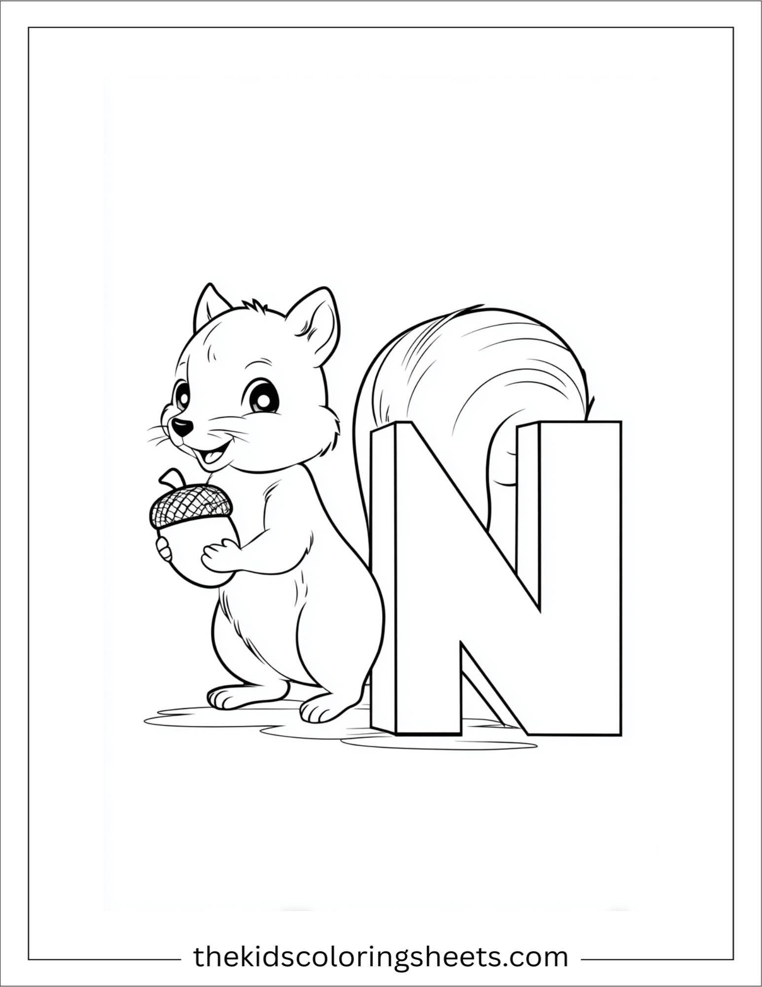 alphabet N nut squirrel coloring page