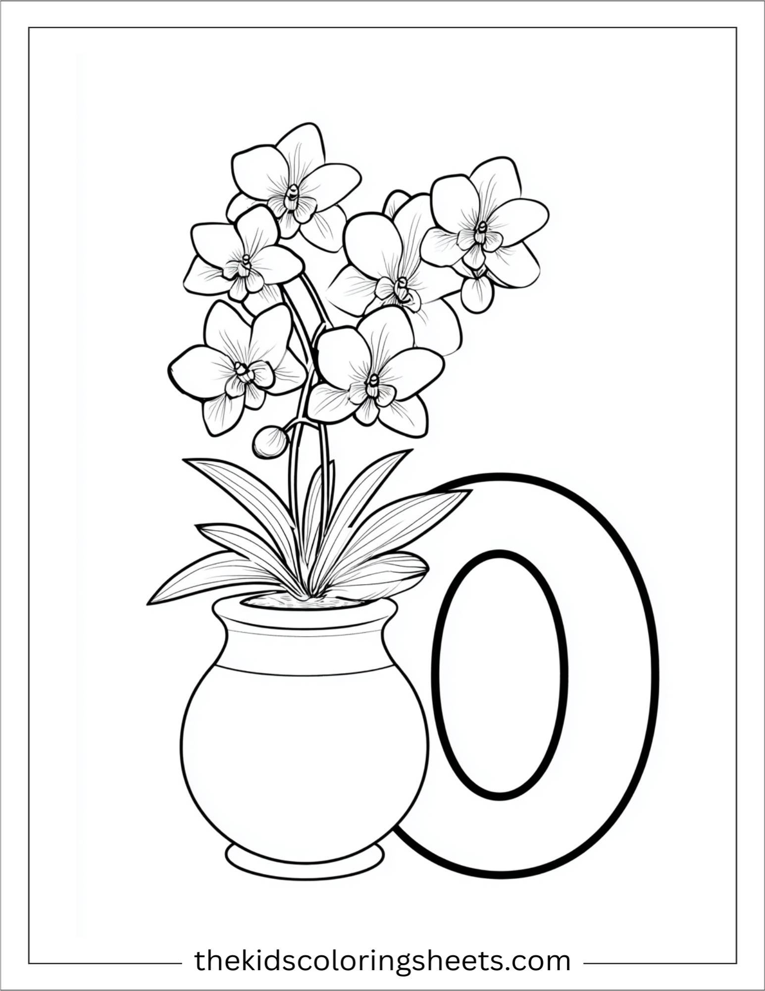 alphabet O orchid vase coloring page