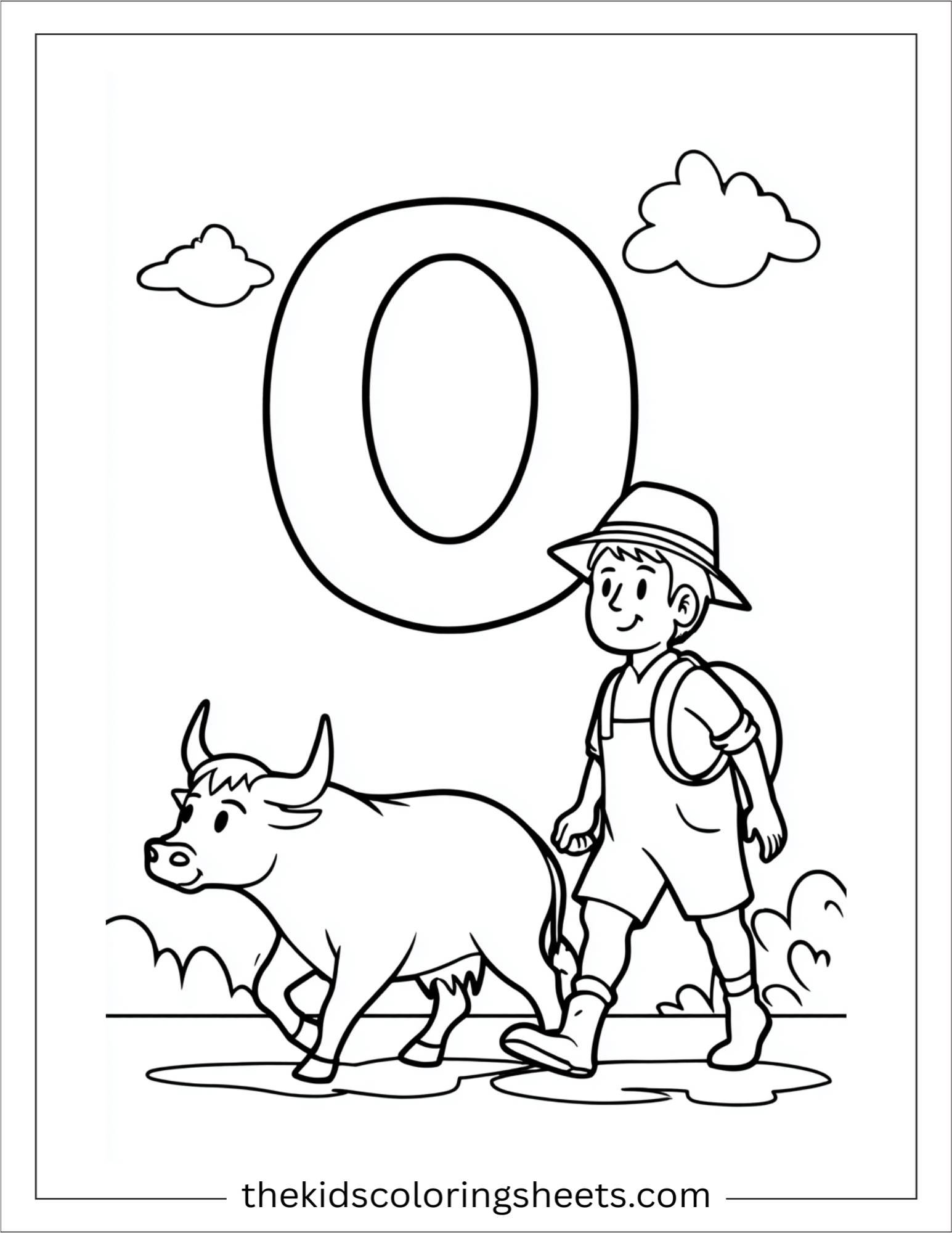 alphabet O ox farmer coloring page