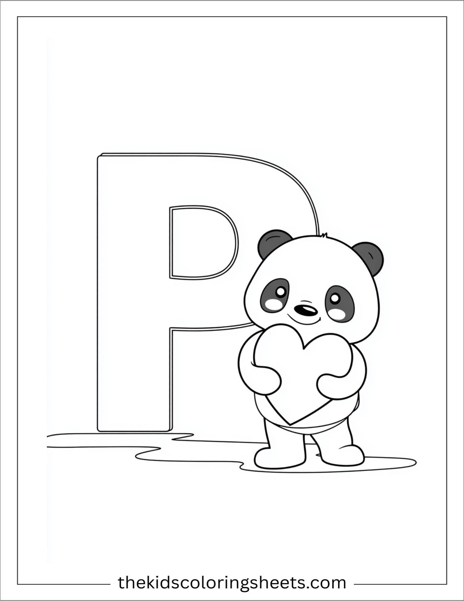 alphabet P panda heart coloring page