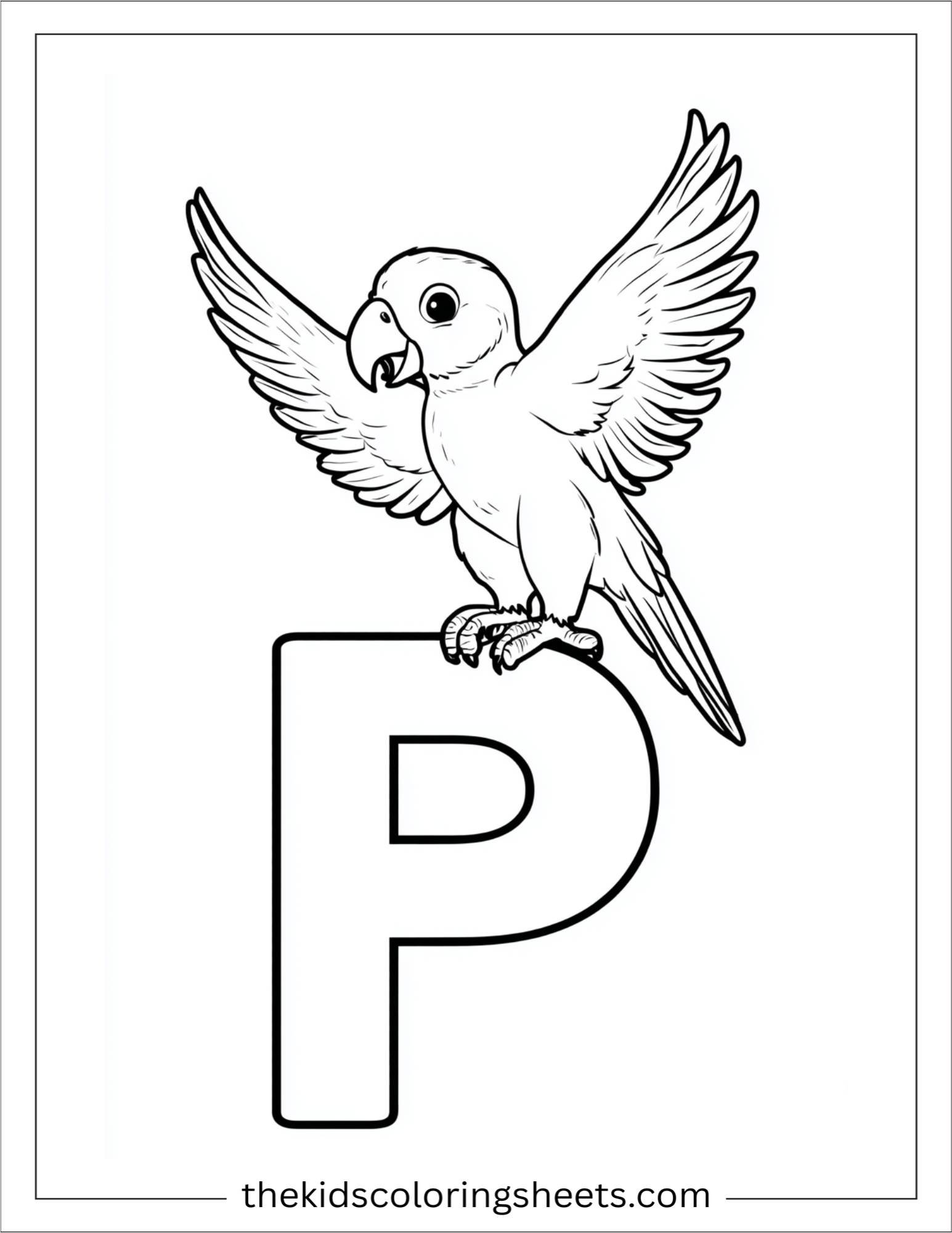 alphabet P parrot flying coloring page