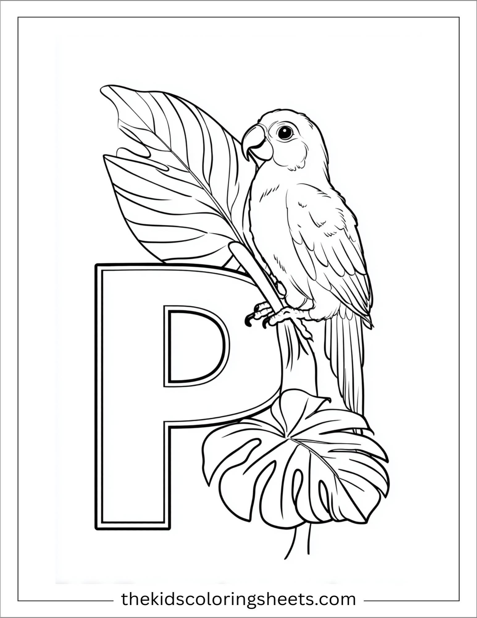 alphabet P parrot leaf coloring page