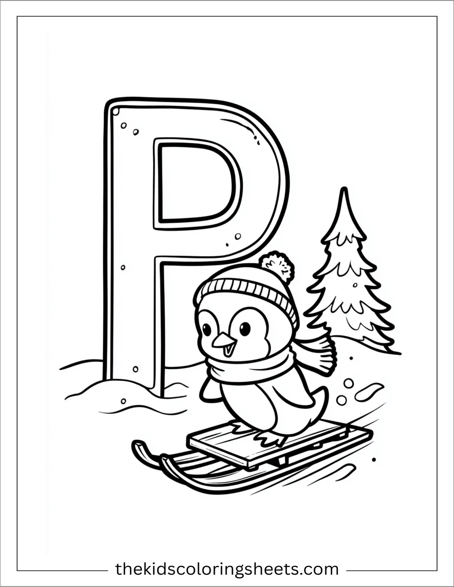 alphabet P penguin sled coloring page