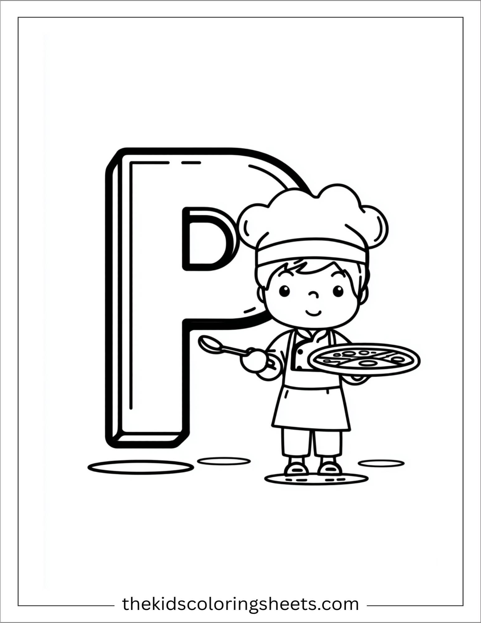 alphabet P pizza chef hat coloring page