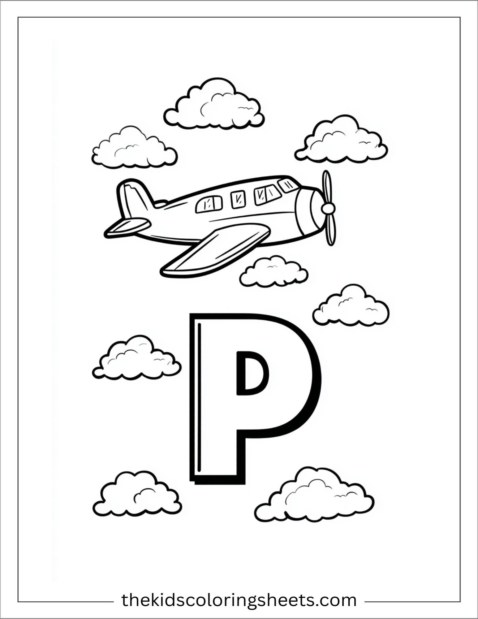 alphabet P plane sky coloring page