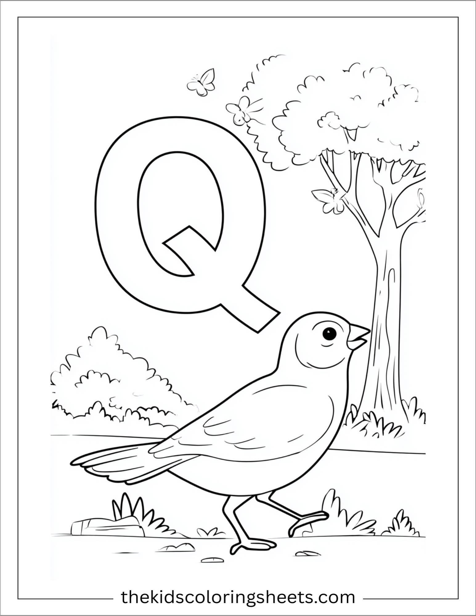 alphabet Q quail forest coloring page
