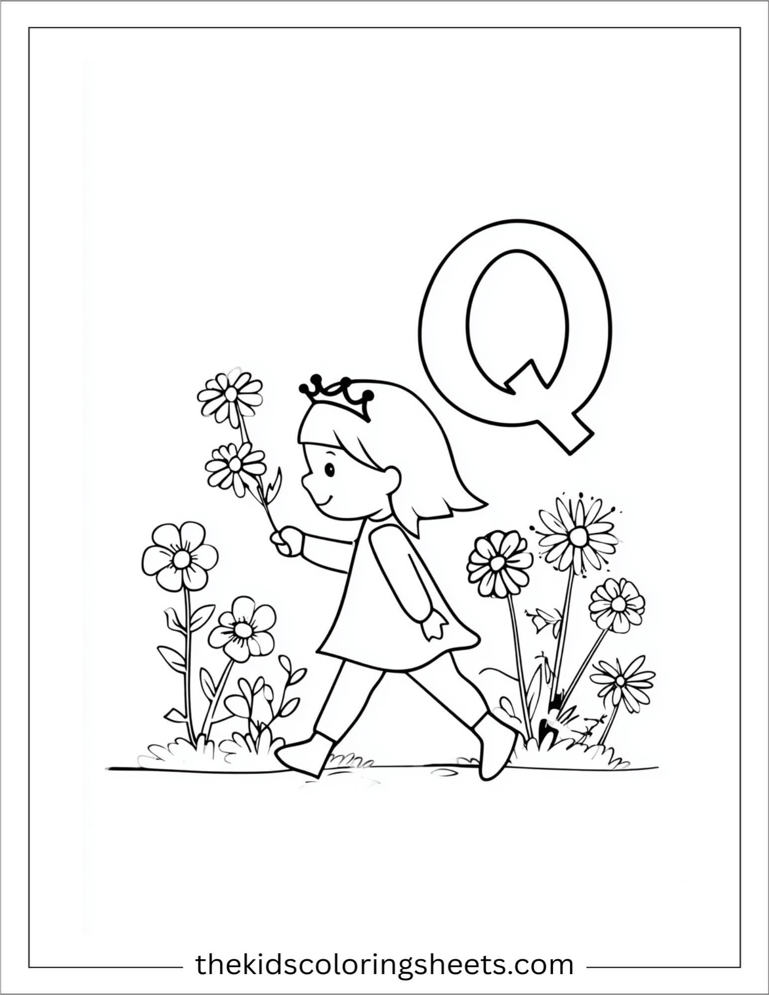 alphabet Q queen garden coloring page