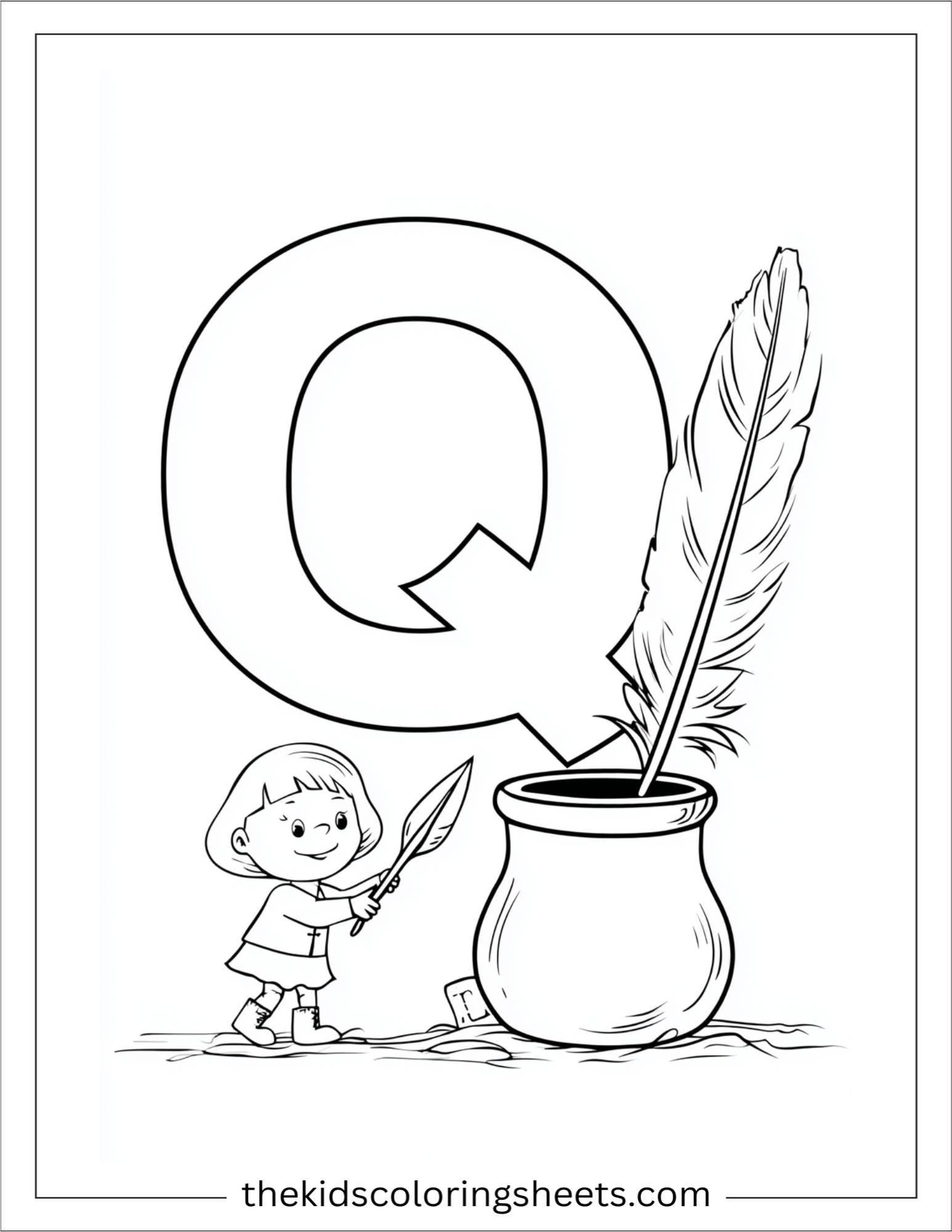 alphabet Q quill ink coloring page