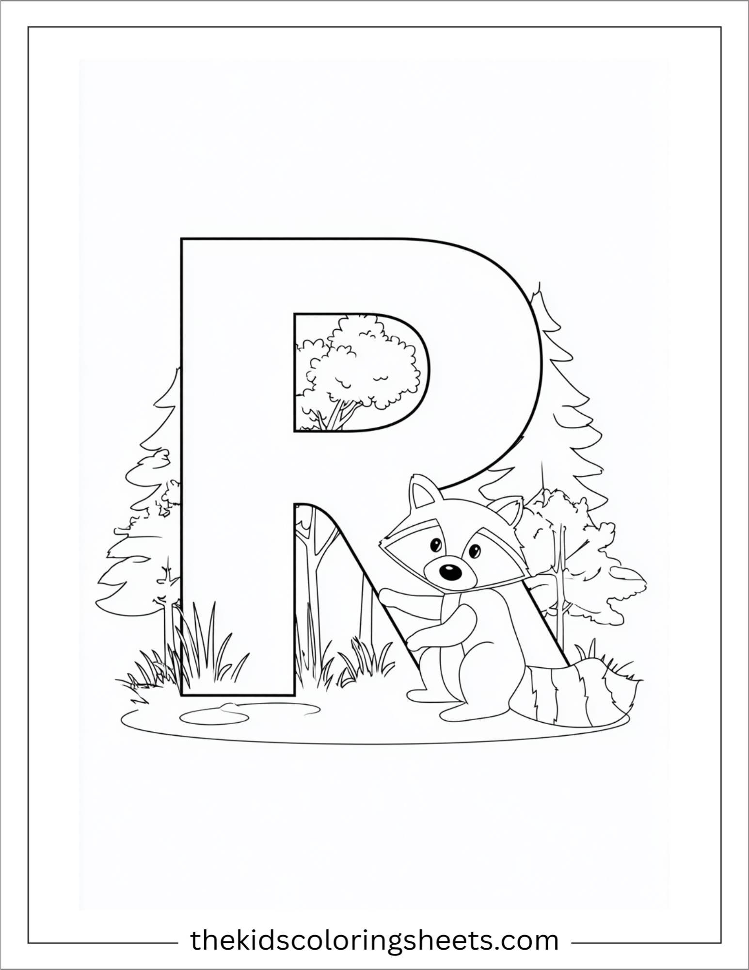 alphabet R raccoon forest coloring page
