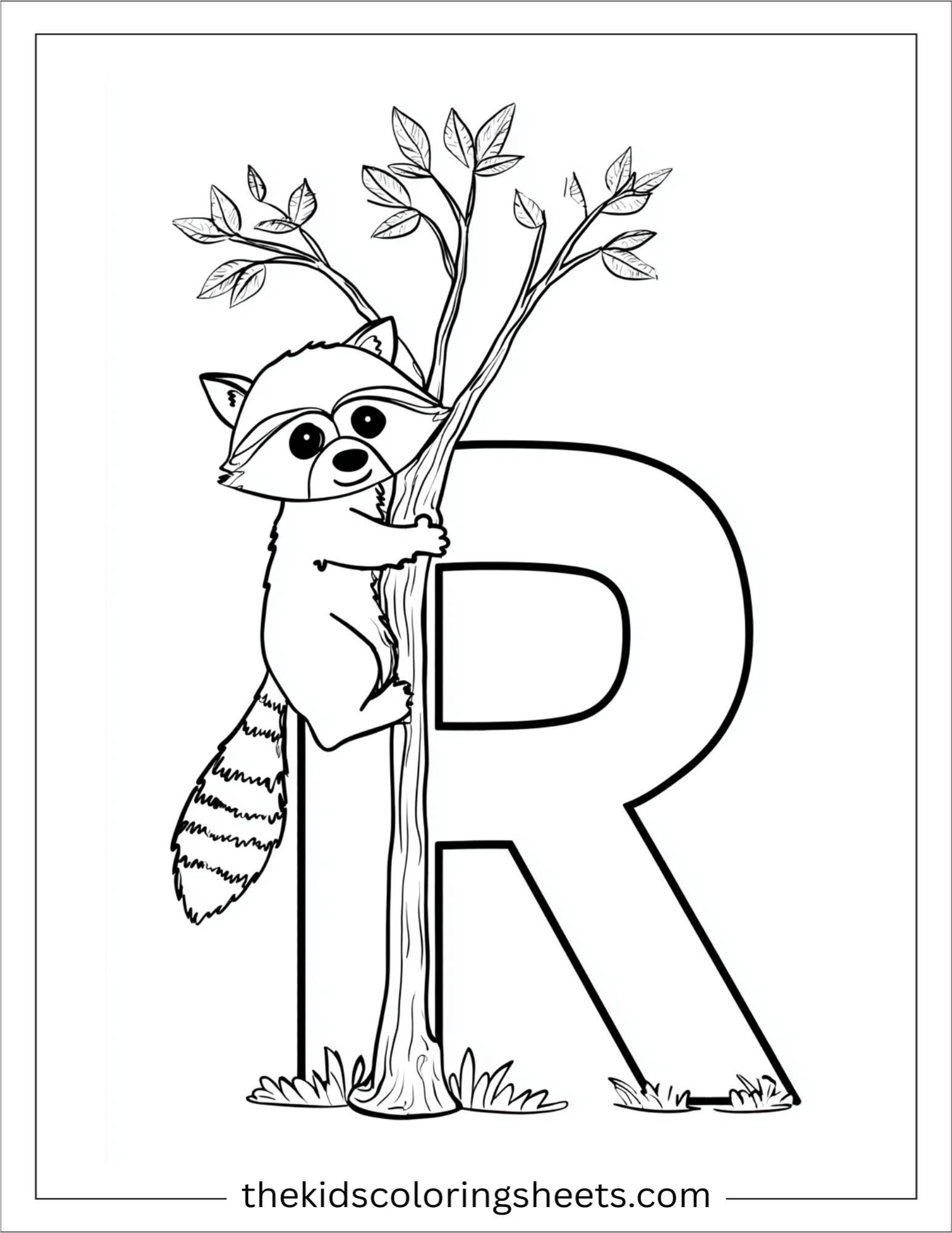 alphabet R raccoon tree coloring page
