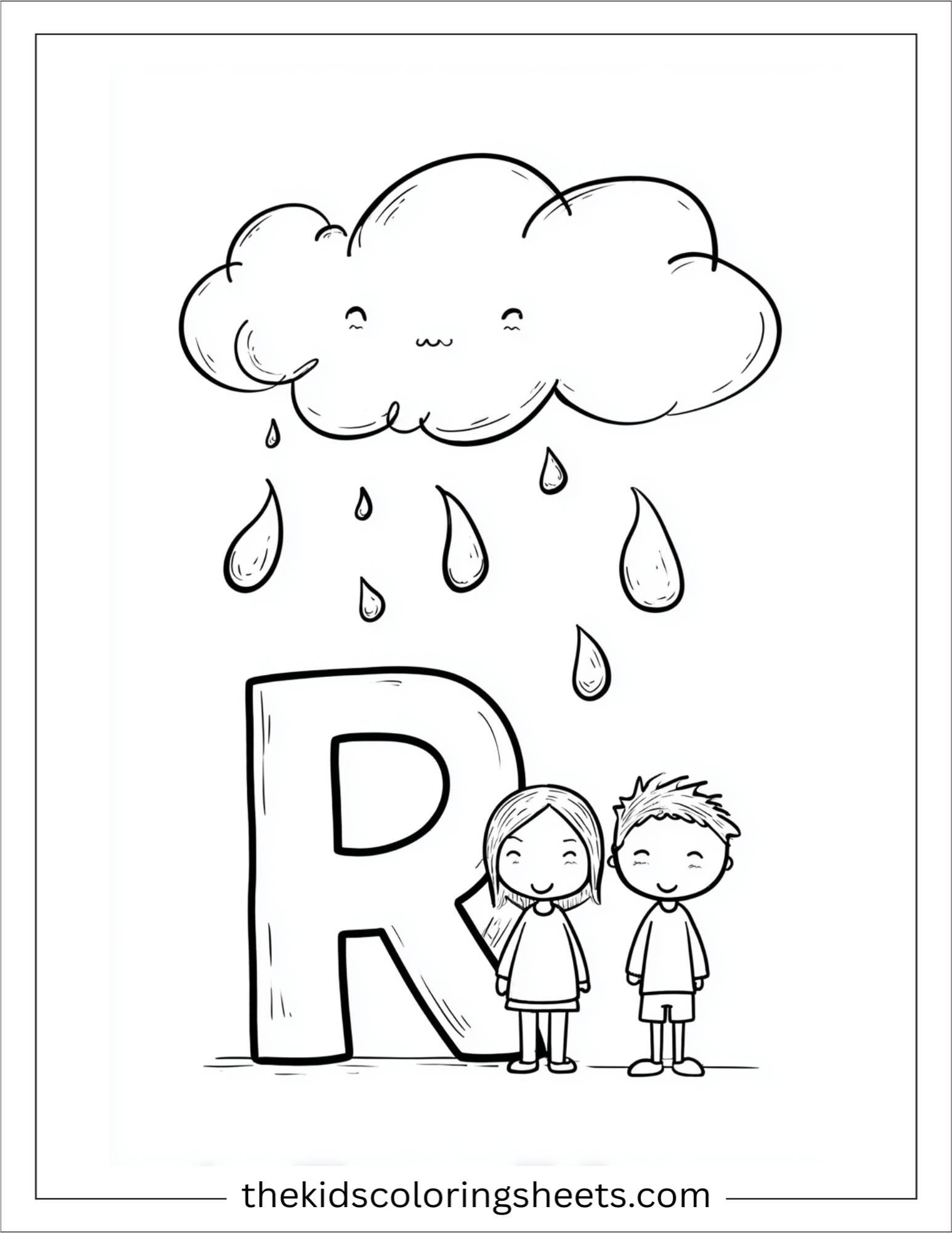alphabet R rain coloring page