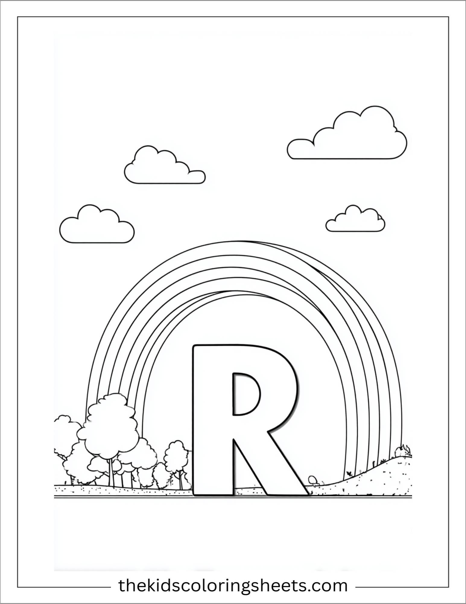 alphabet R rainbow sky coloring page