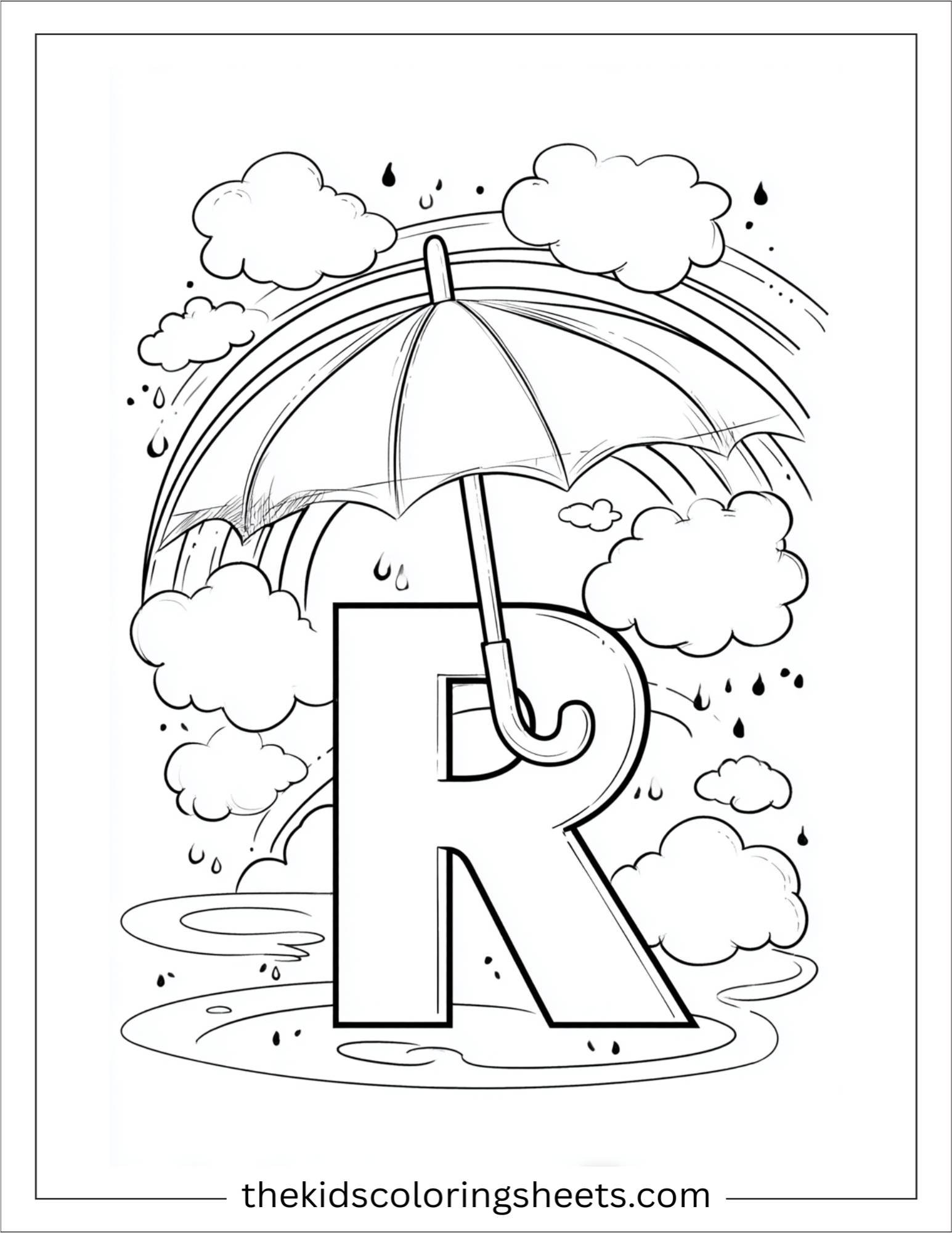 alphabet R rainbow umbrella coloring page