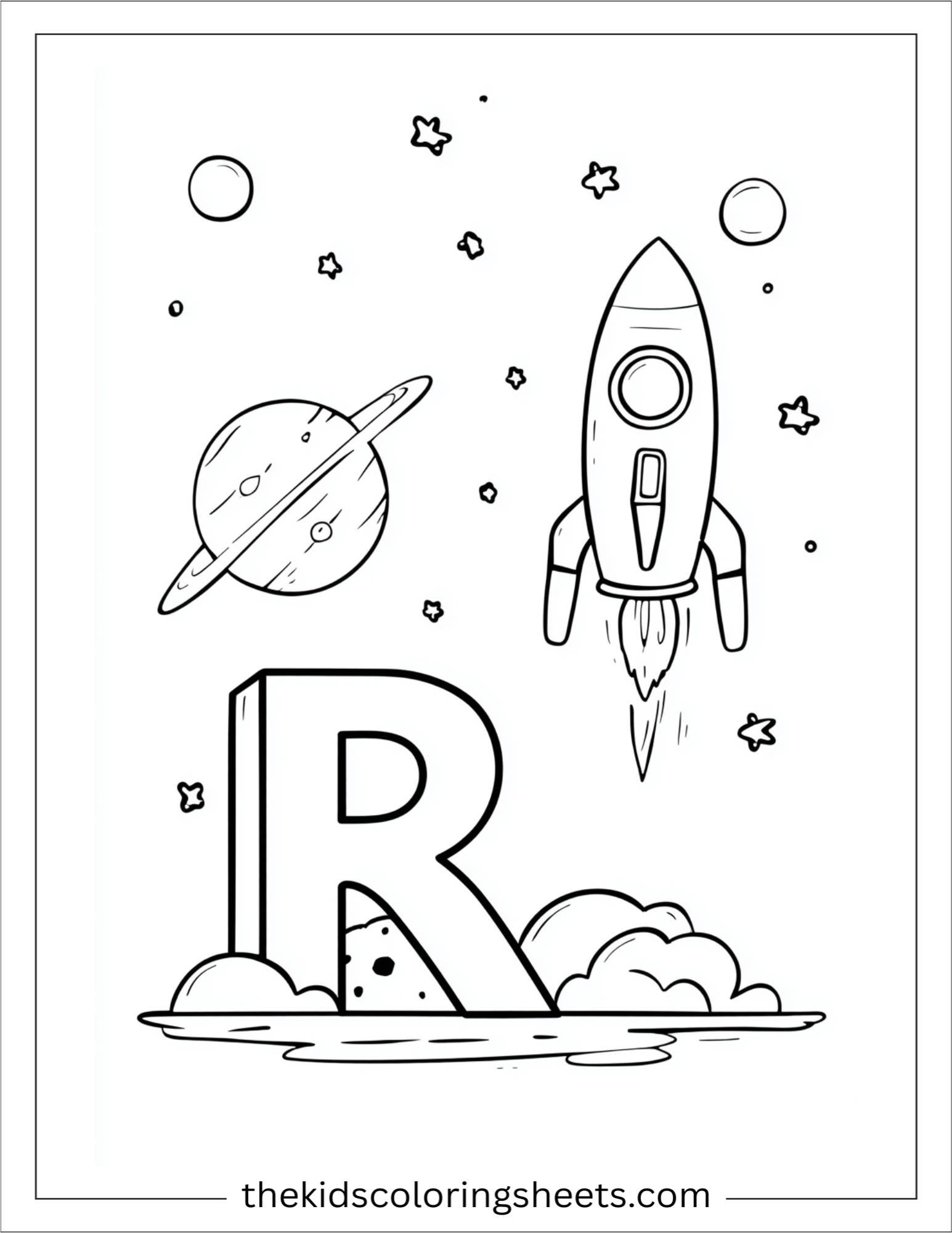 alphabet R rocket planet coloring page