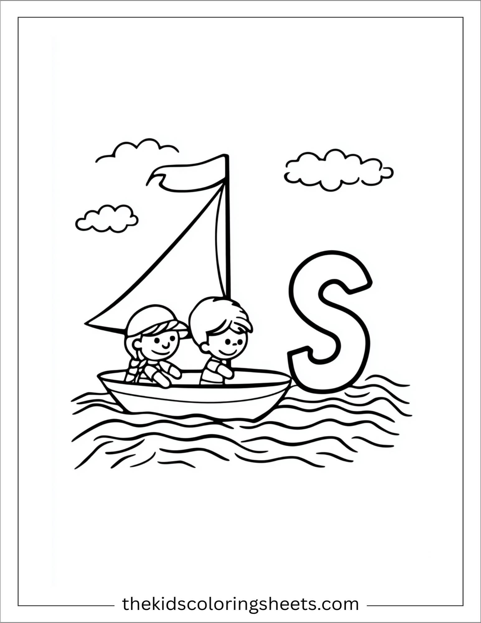 alphabet S sailboat ocean coloring page