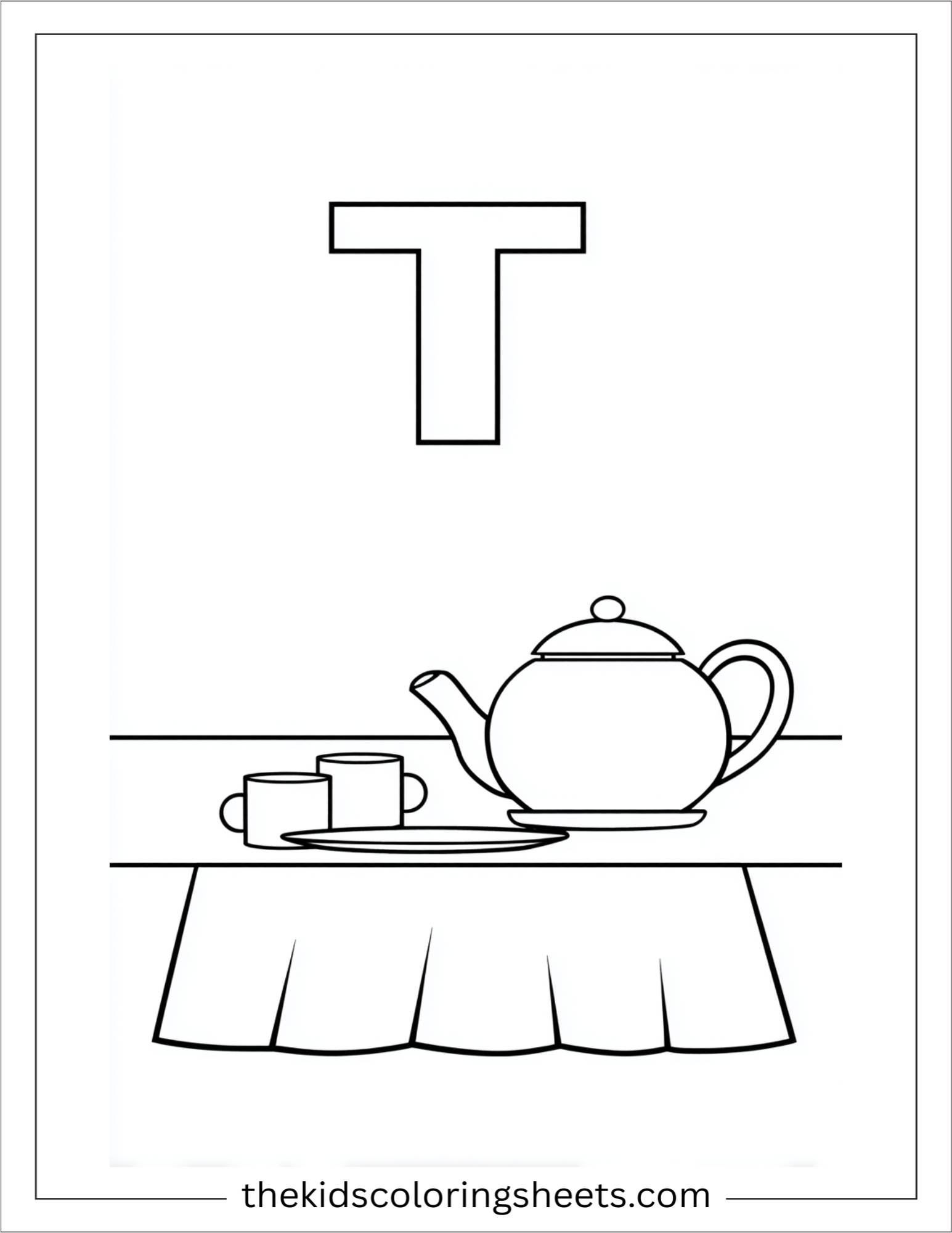 alphabet T tea party coloring page
