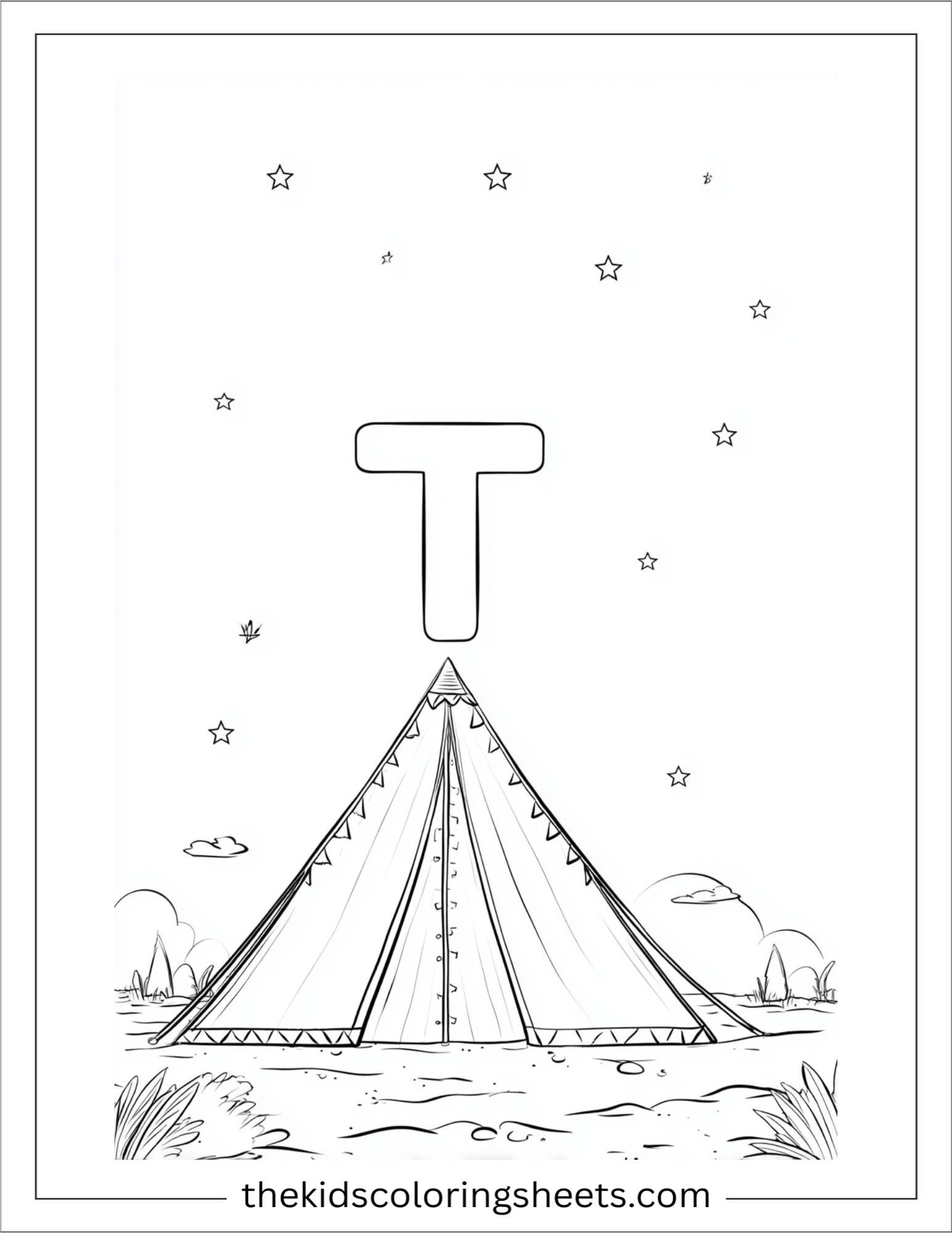 alphabet T tent night coloring page