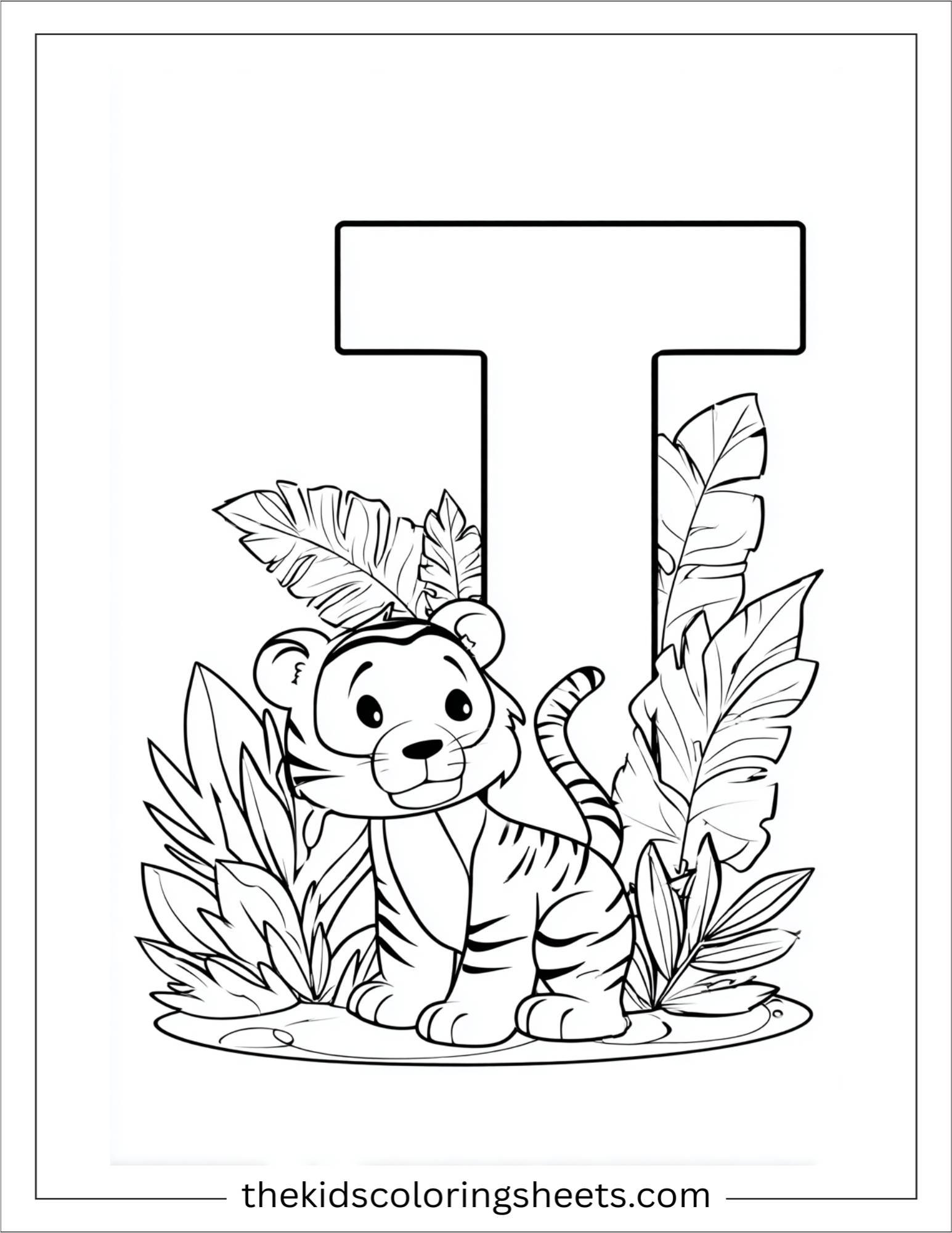 alphabet T tiger jungle coloring page
