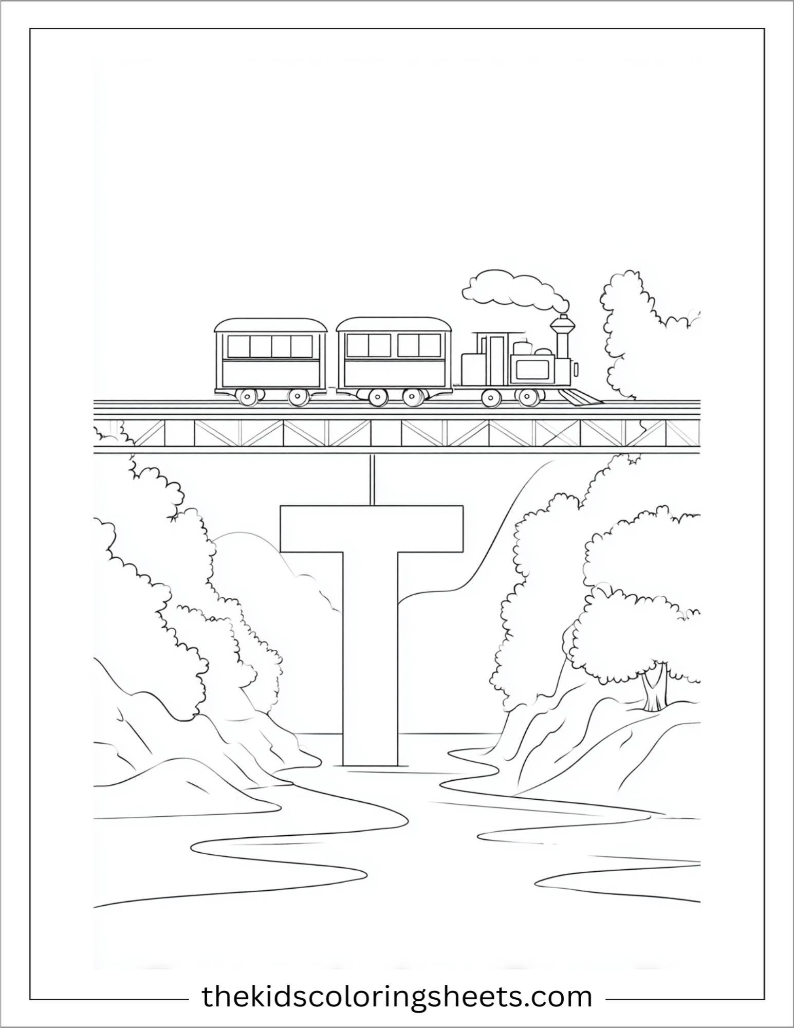 alphabet T train bridge coloring page