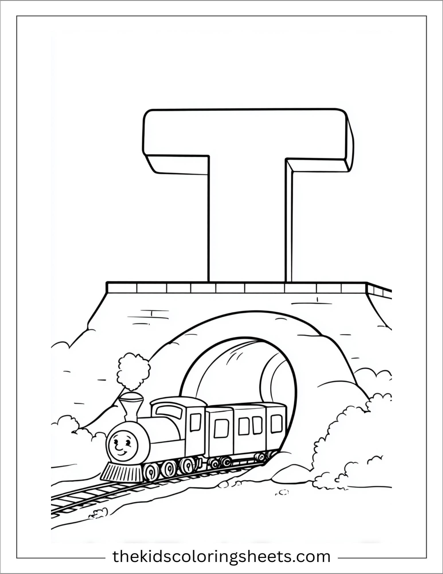 alphabet T train tunnel coloring page