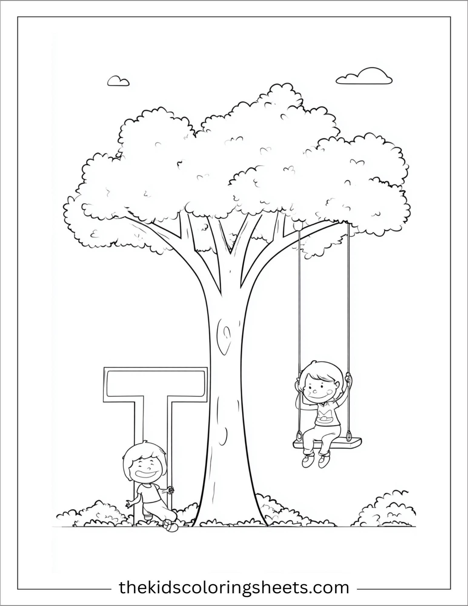 alphabet T tree swing coloring page