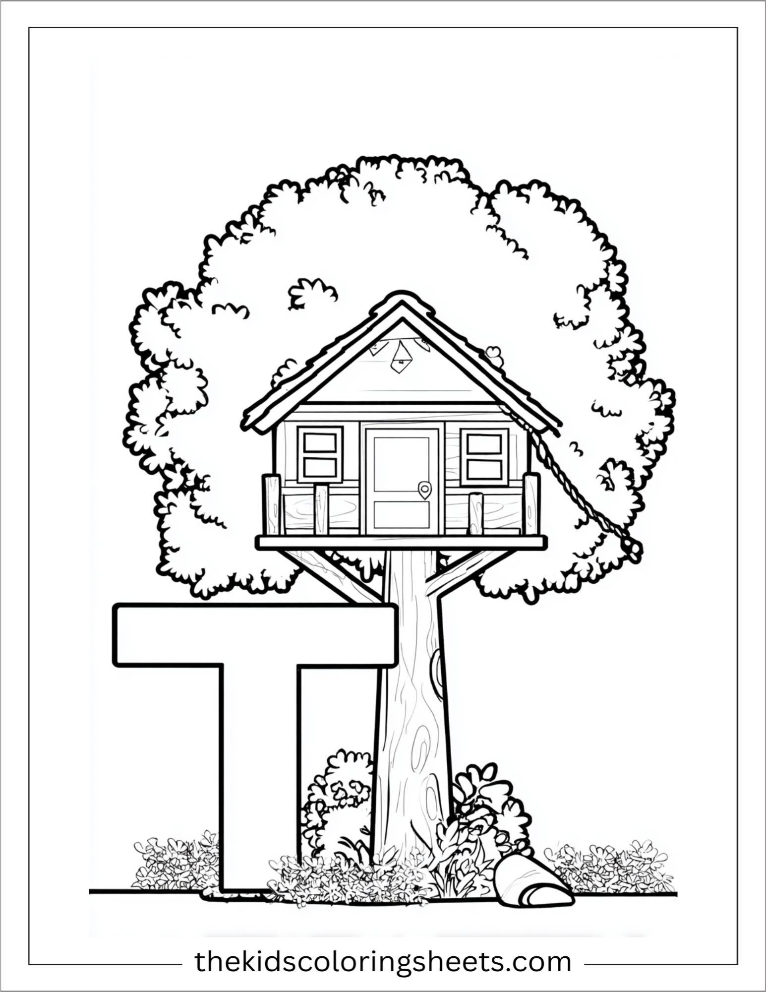 alphabet T treehouse coloring page