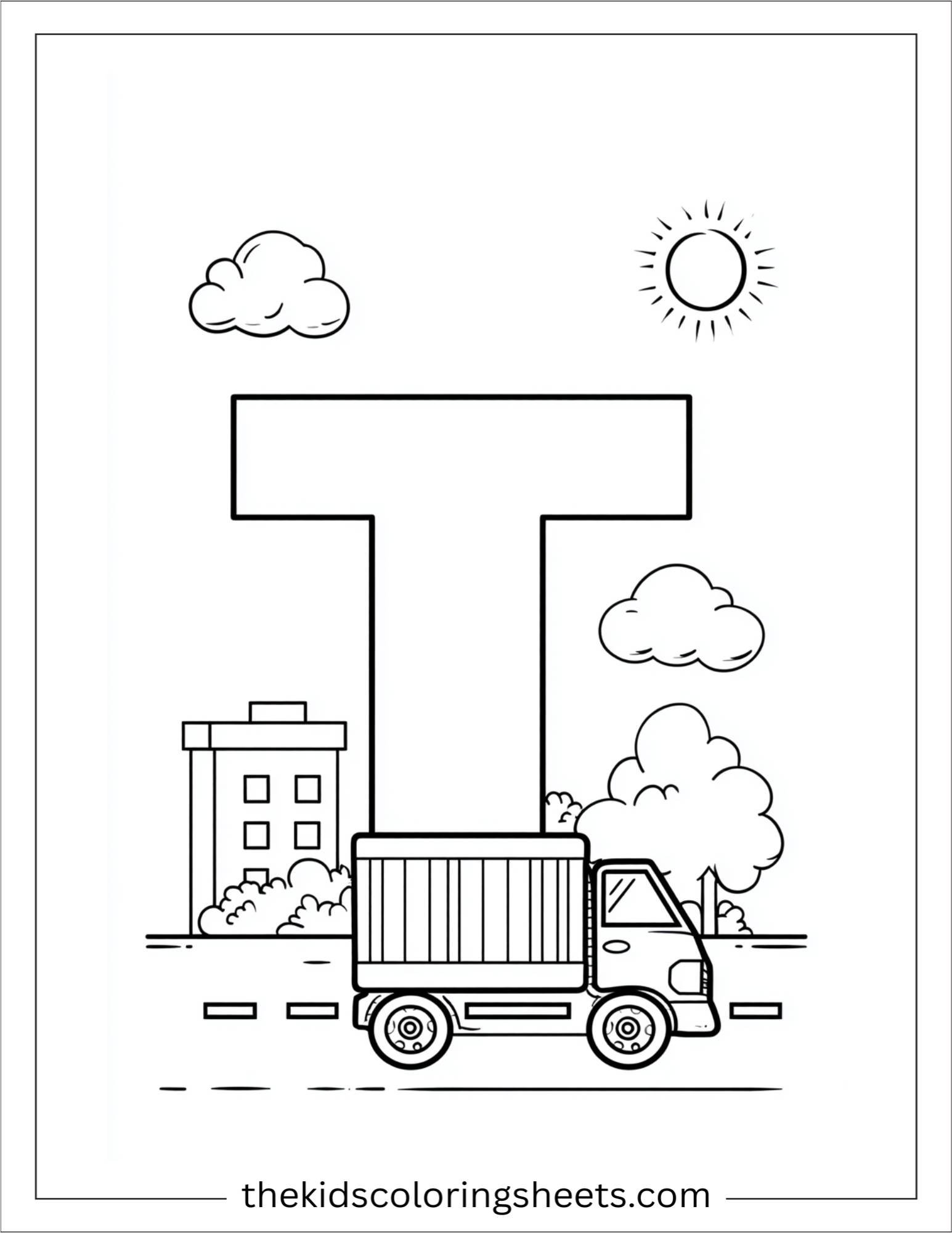alphabet T truck road coloring page