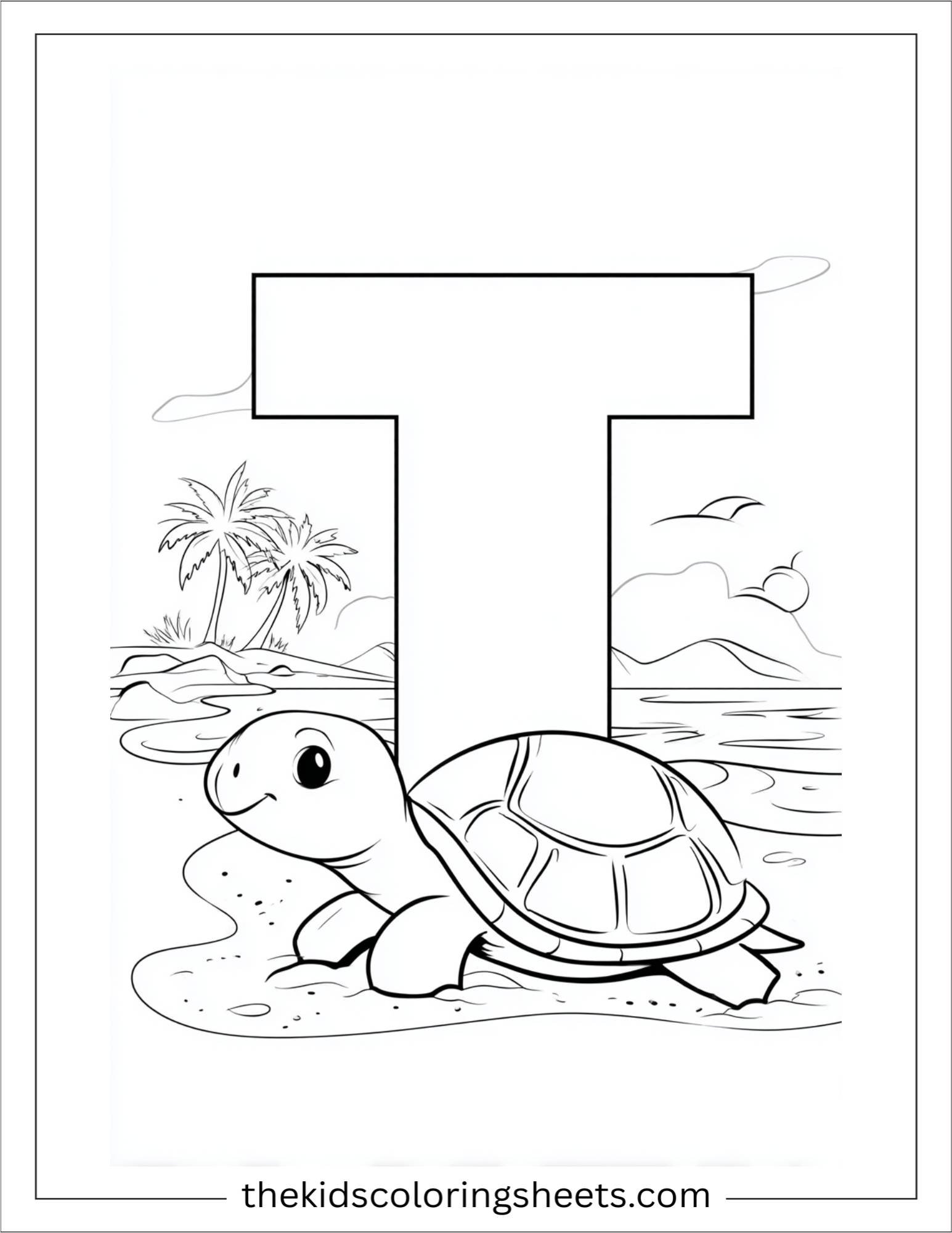 alphabet T turtle beach coloring page