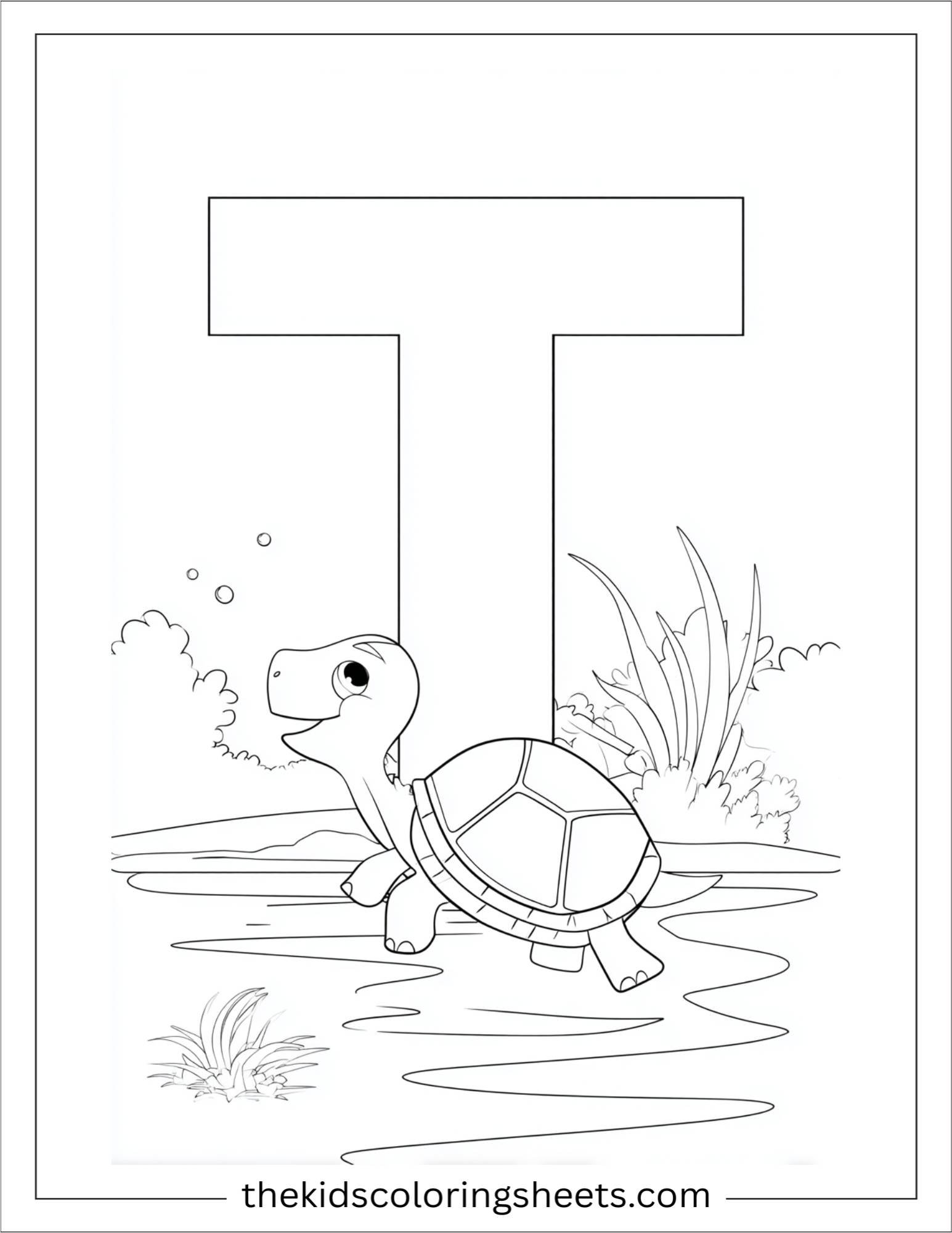 alphabet T turtle pond coloring page
