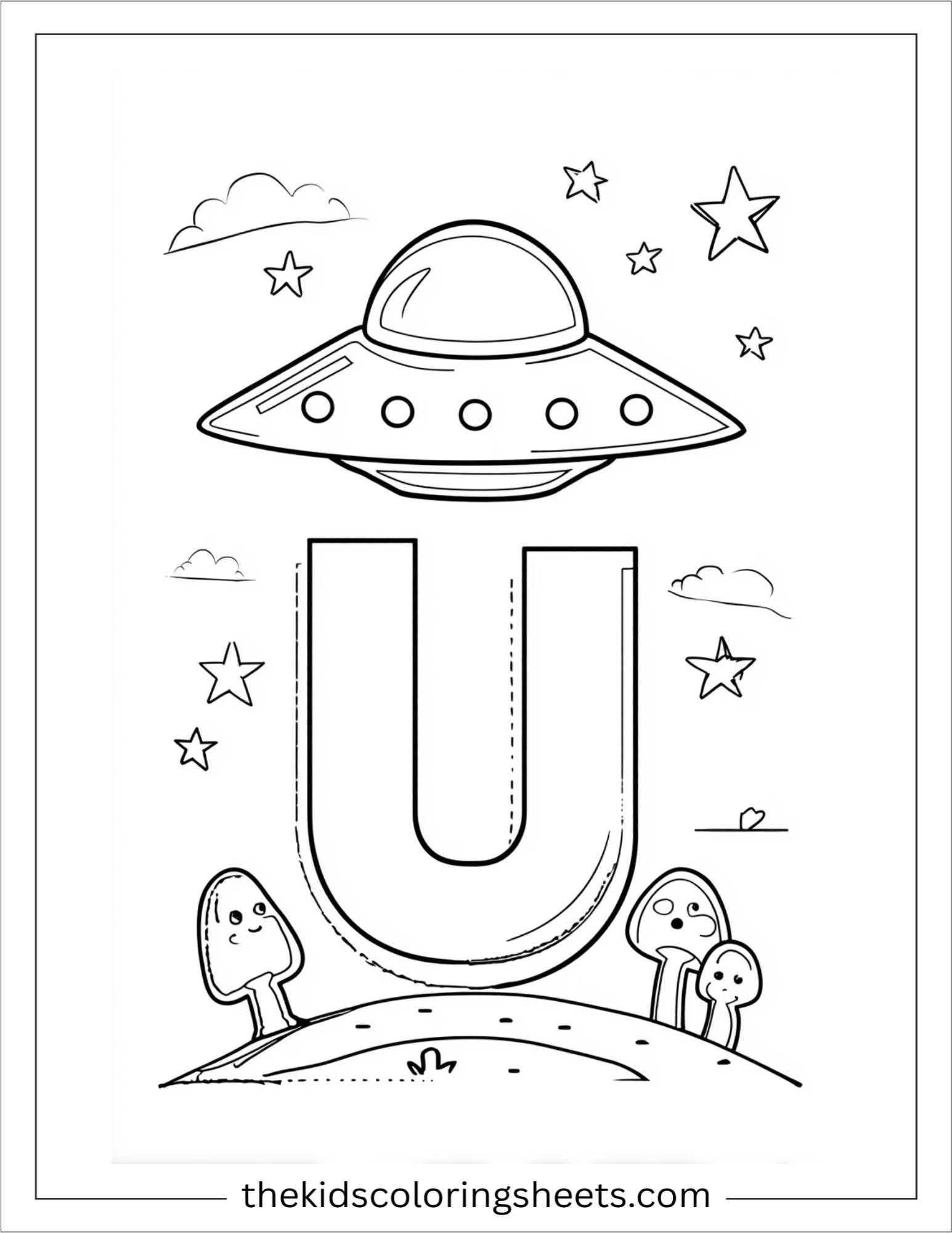 alphabet U UFO stars coloring page