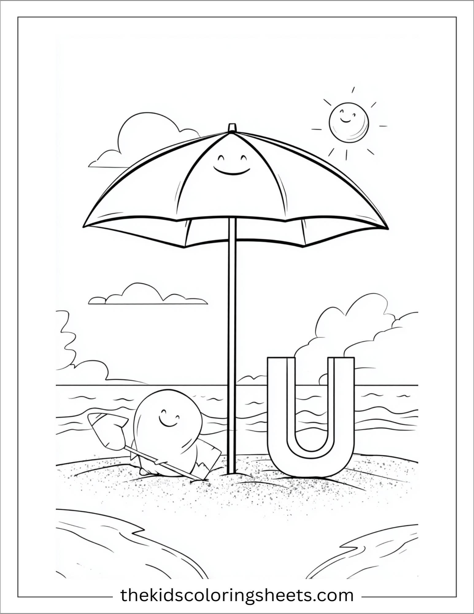 alphabet U umbrella beach coloring page