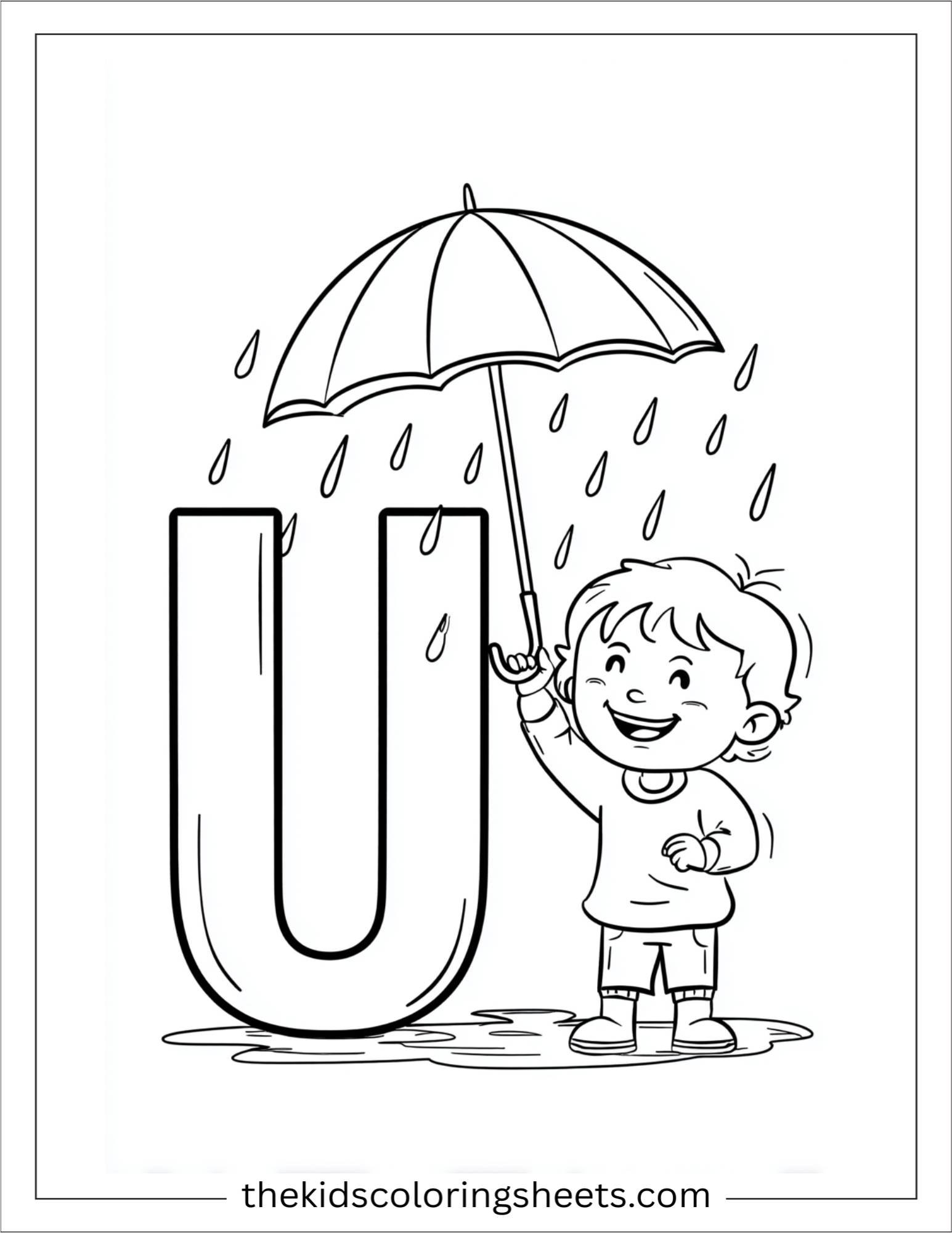 alphabet U umbrella rain coloring page