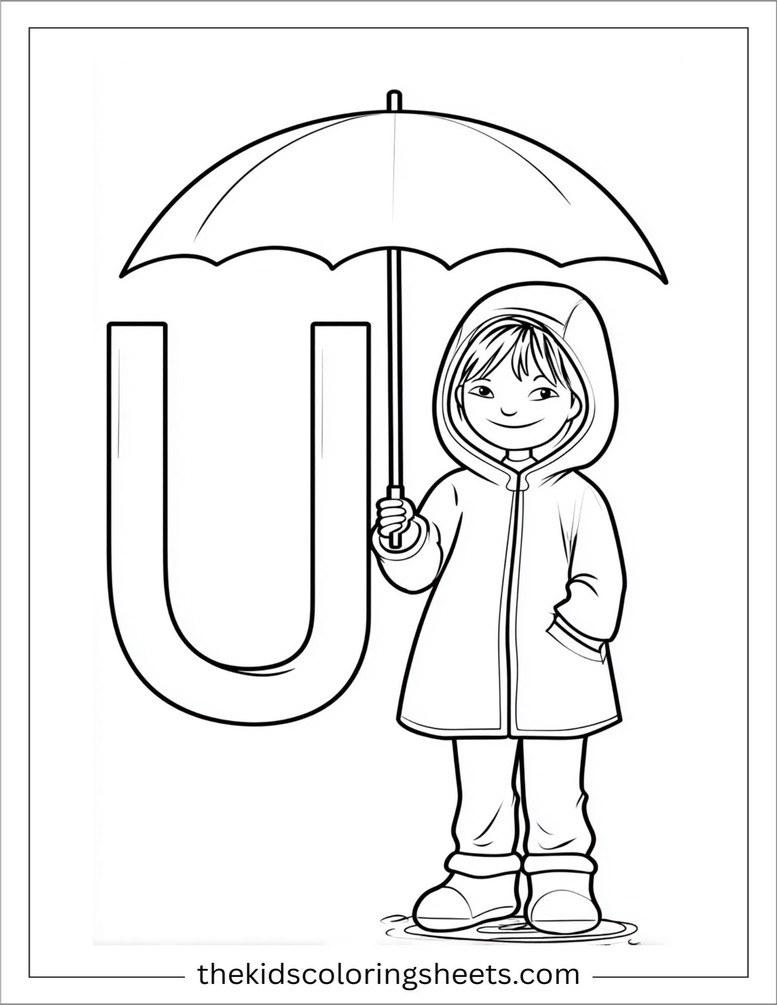 alphabet U umbrella raincoat coloring page