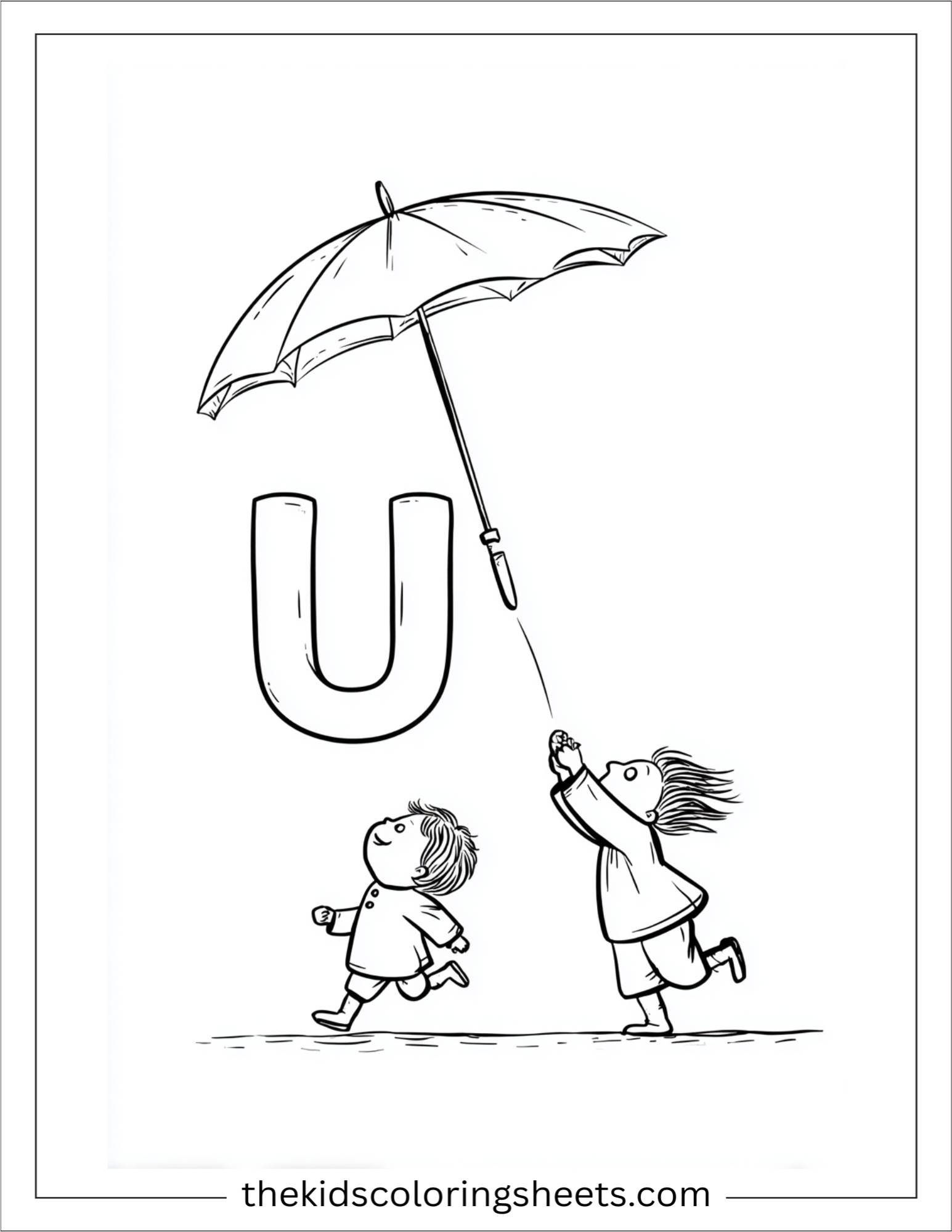 alphabet U umbrella windy coloring page