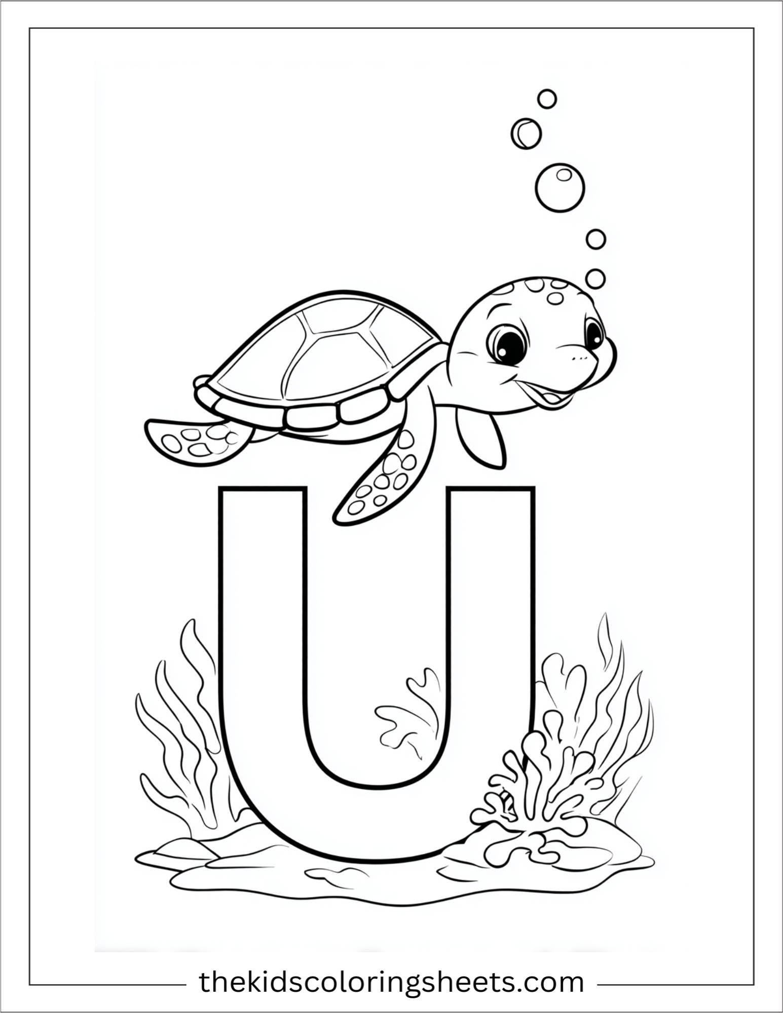 alphabet U underwater turtle coloring page