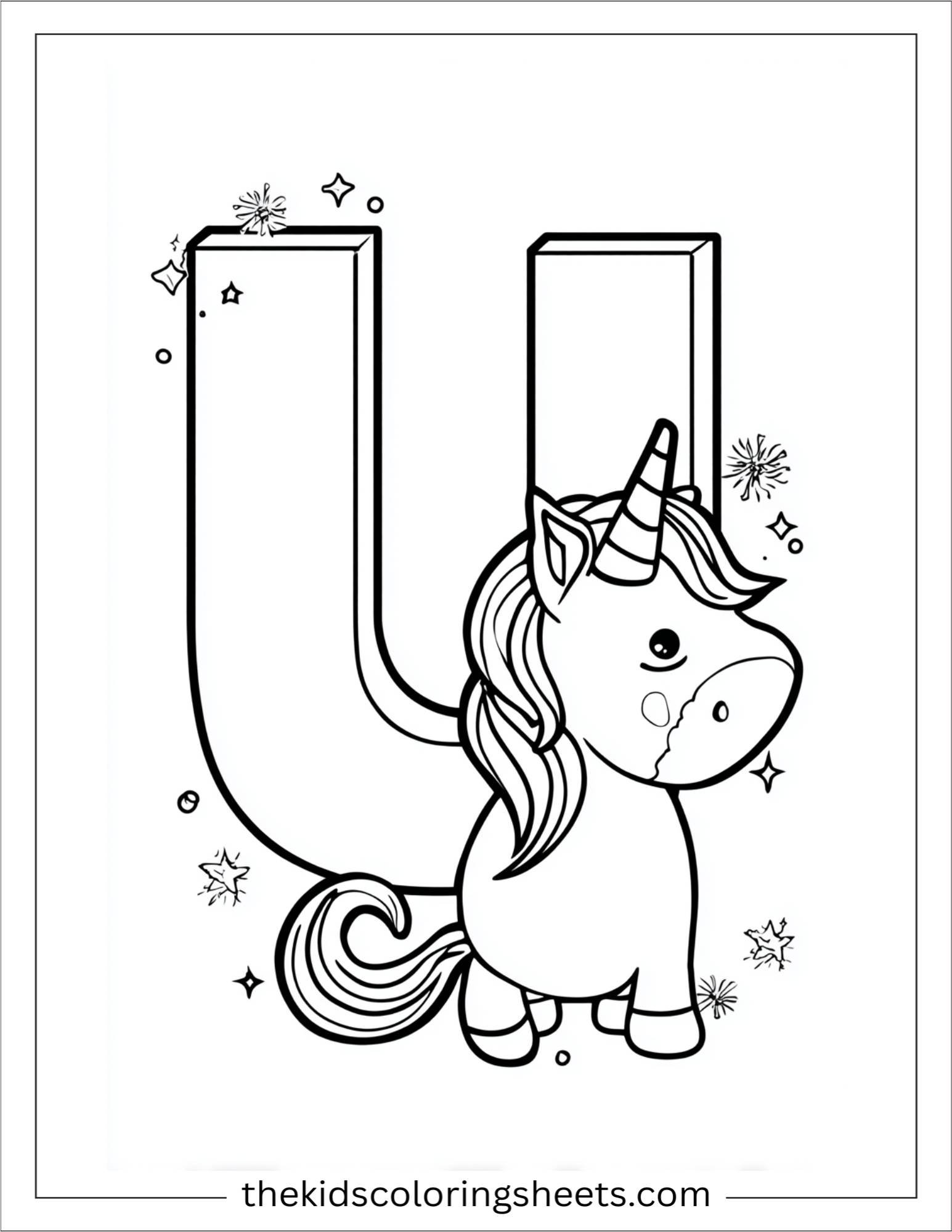 alphabet U unicorn magic coloring page