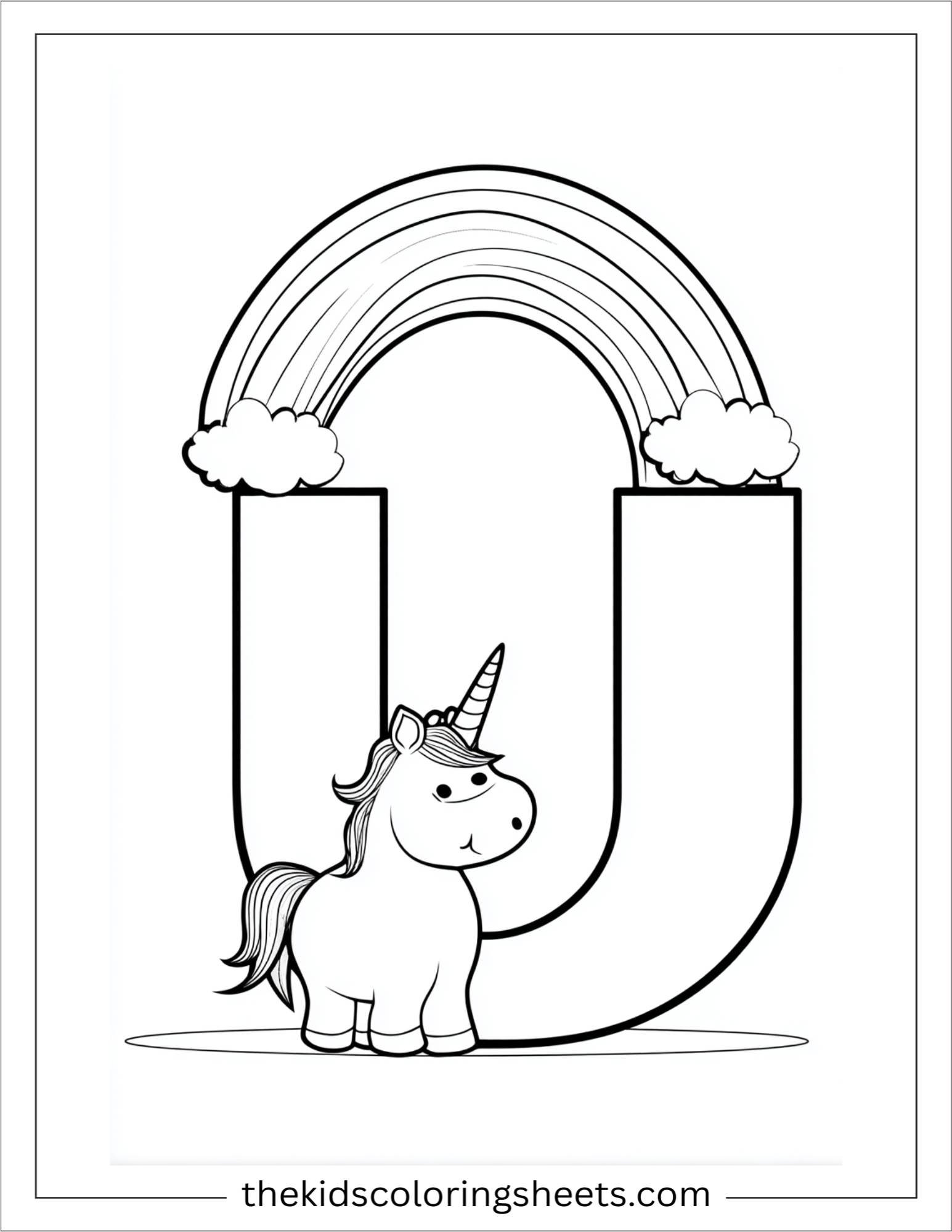 alphabet U unicorn rainbow coloring page