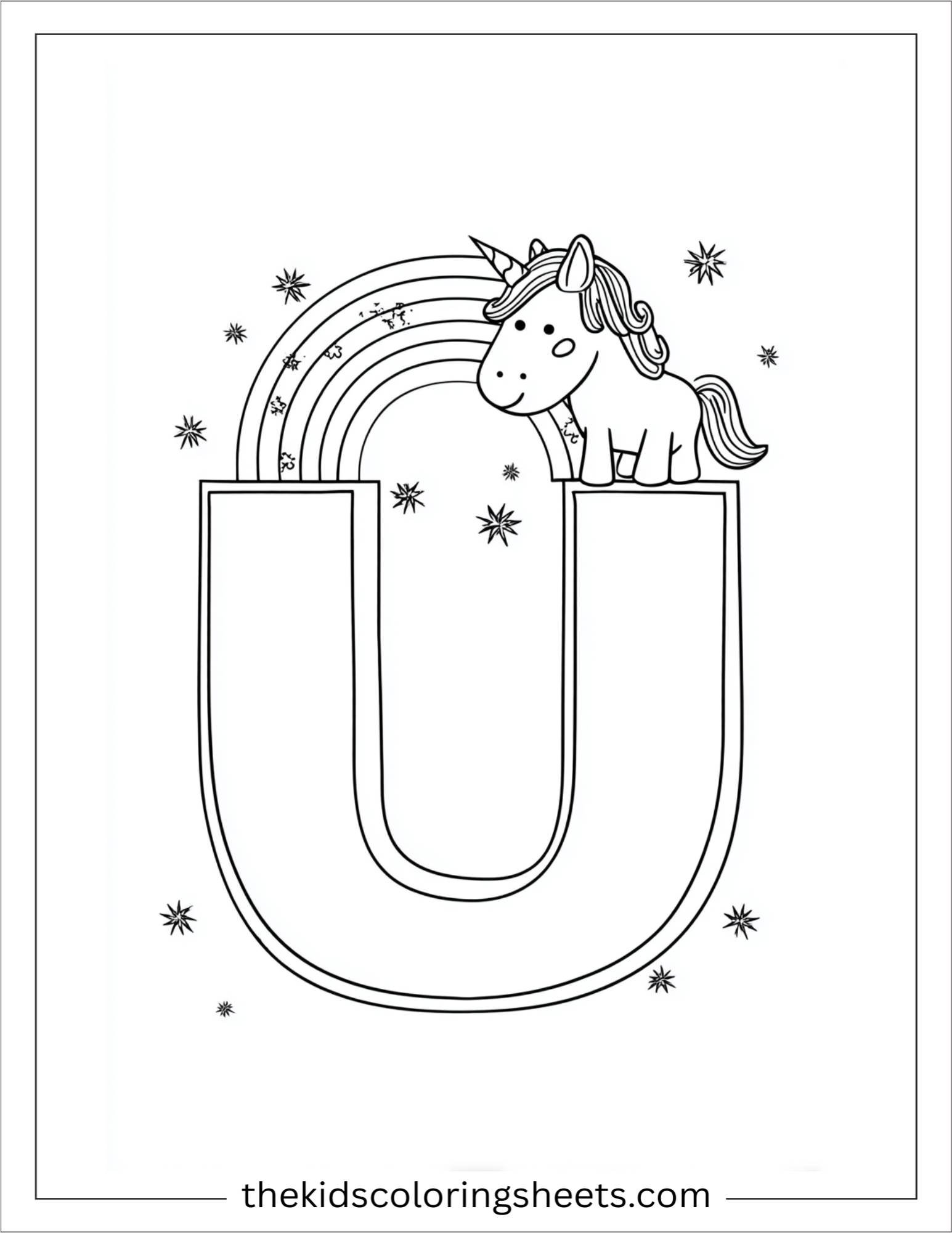 alphabet U unicorn rainbow star coloring page