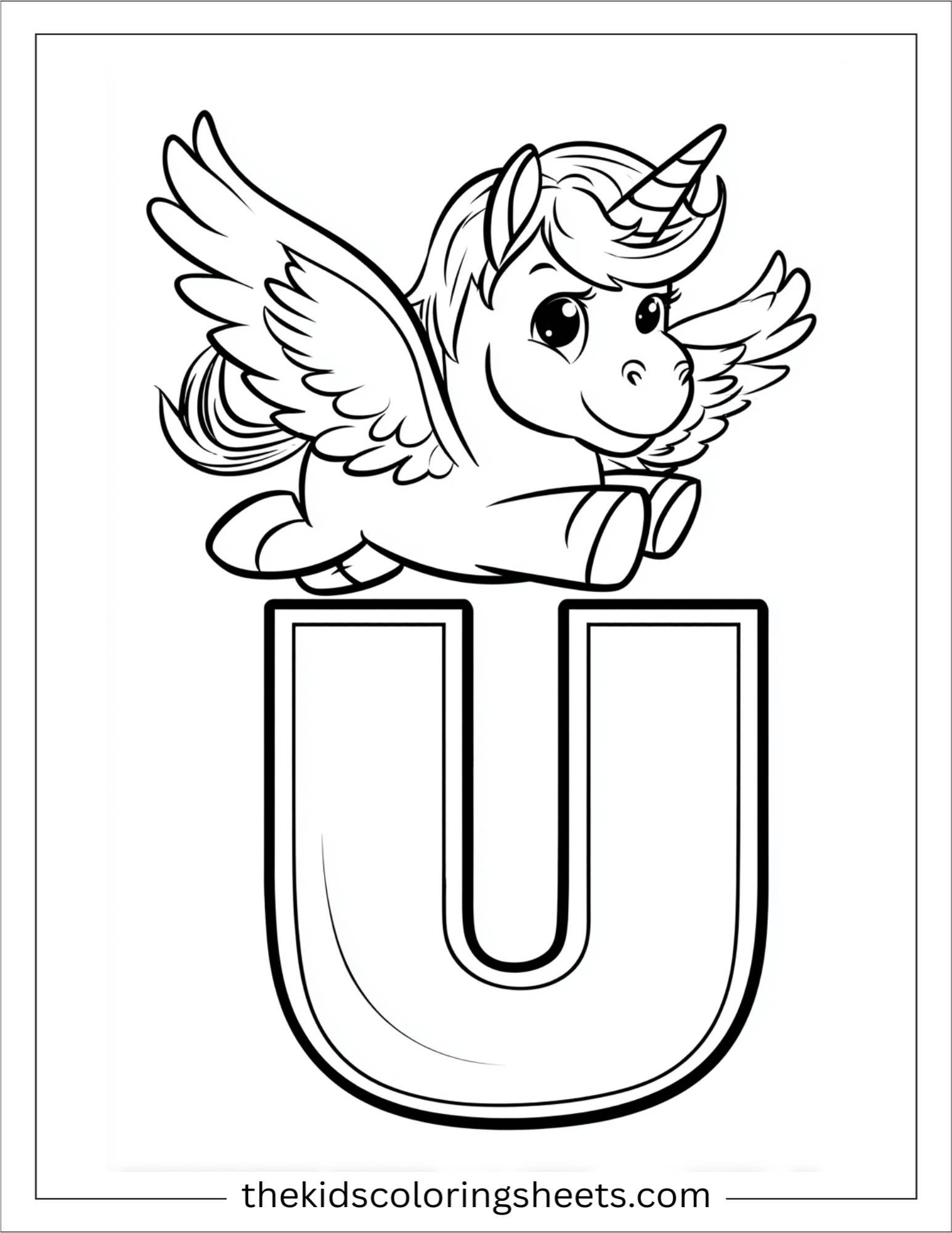 alphabet U unicorn wings coloring page