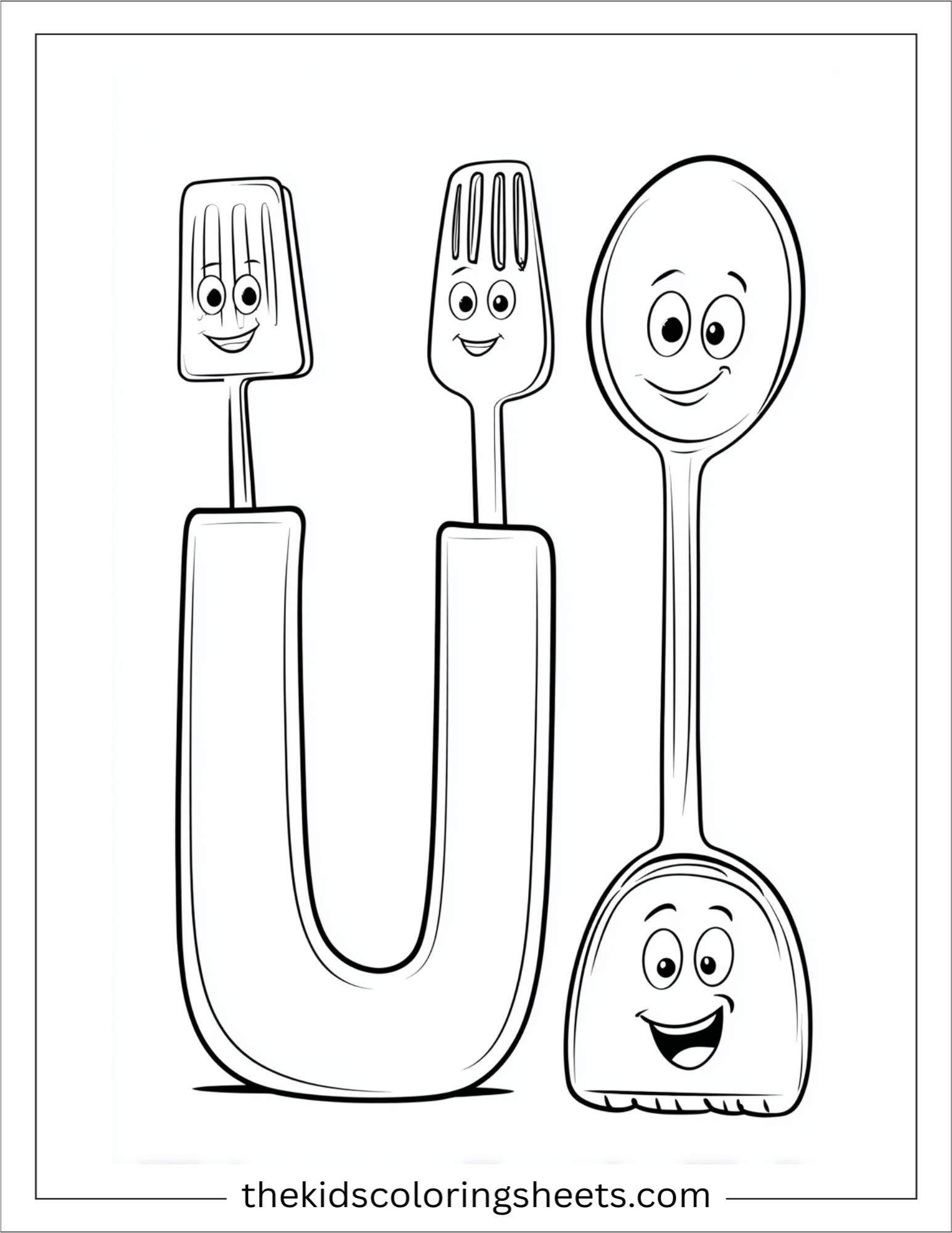 alphabet U utensils kitchen coloring page