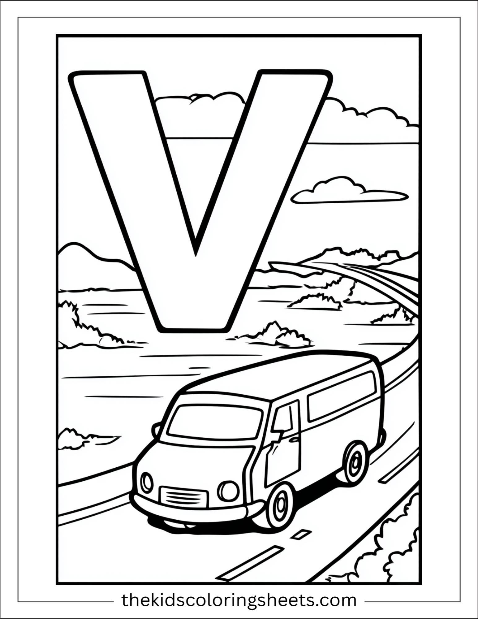 alphabet V van road coloring page