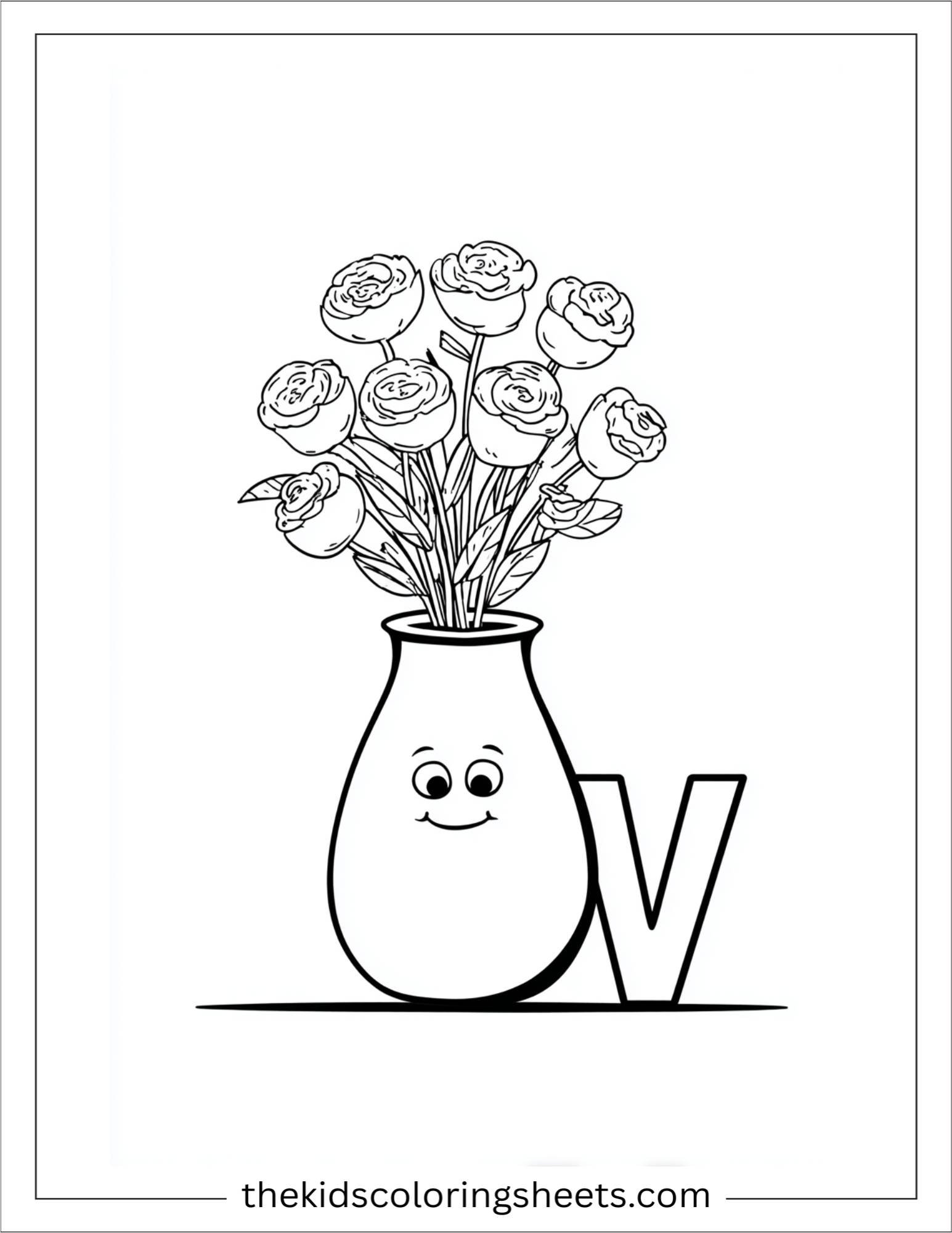 alphabet V vase flower bouquet coloring page